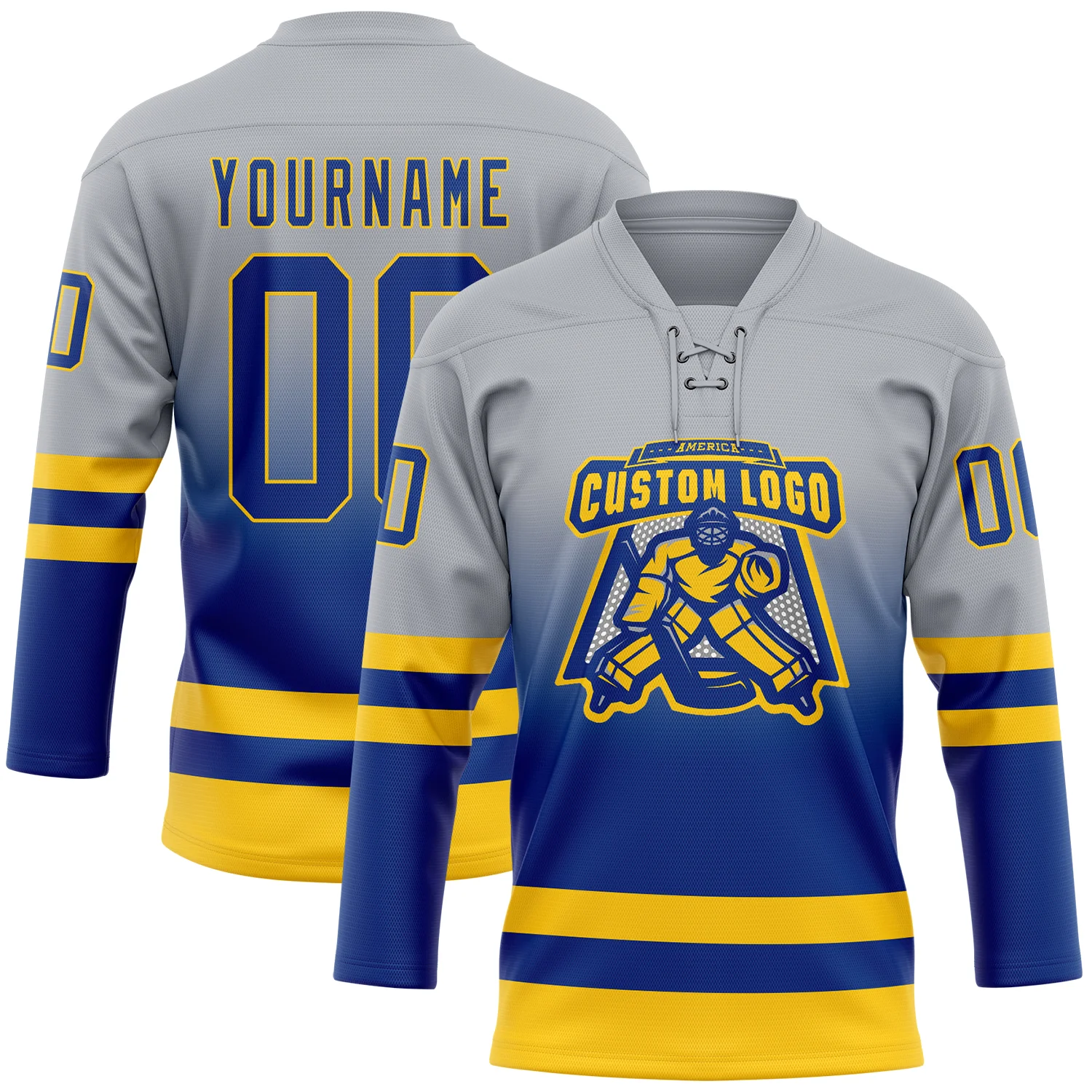Custom Gray Royal-Yellow Fade Fashion Hockey Lace Neck Jersey