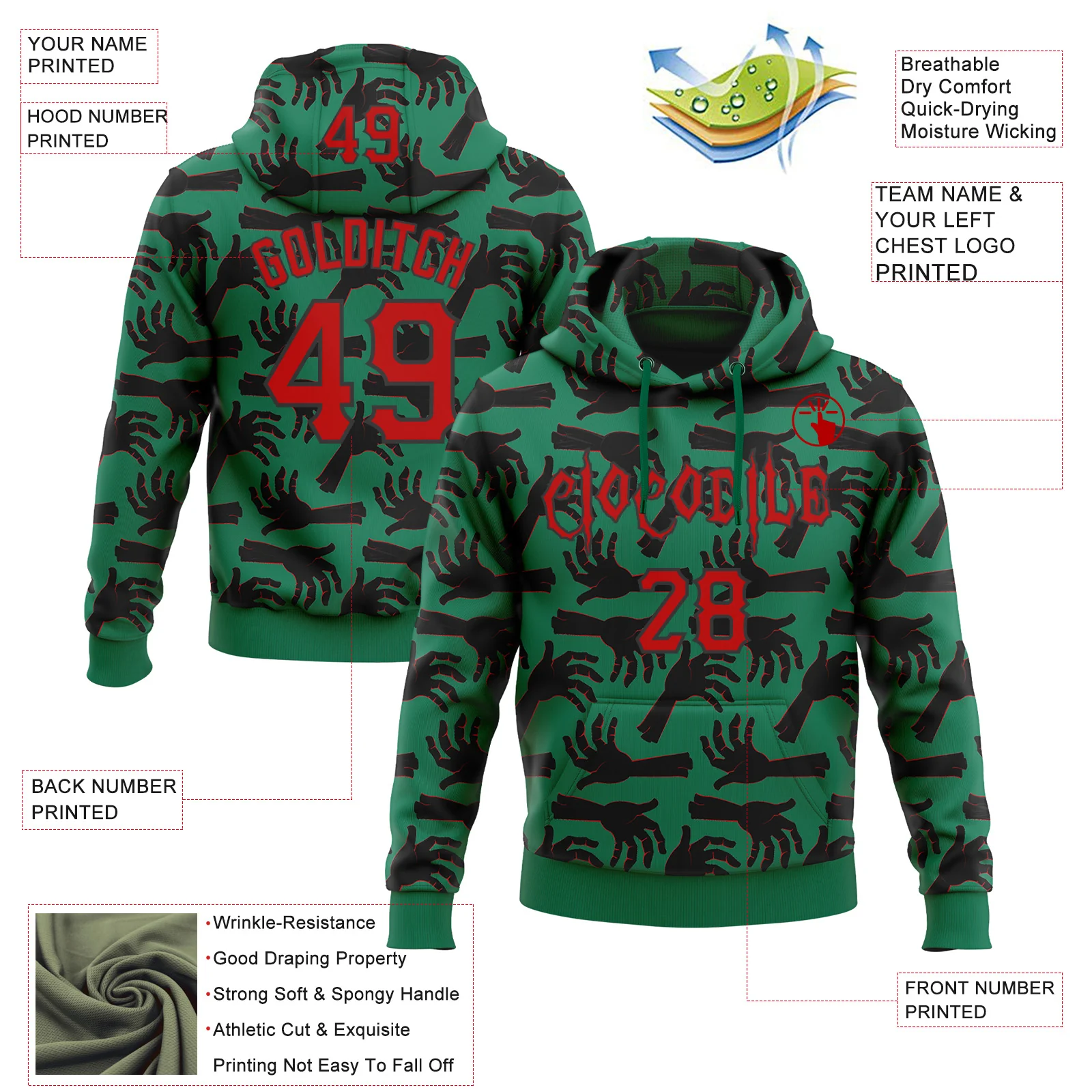 Custom Kelly Green Red-Black 3D Halloween Horror Night Trick Treat Party Costume Ideas Sports Pullover Sweatshirt Hoodie