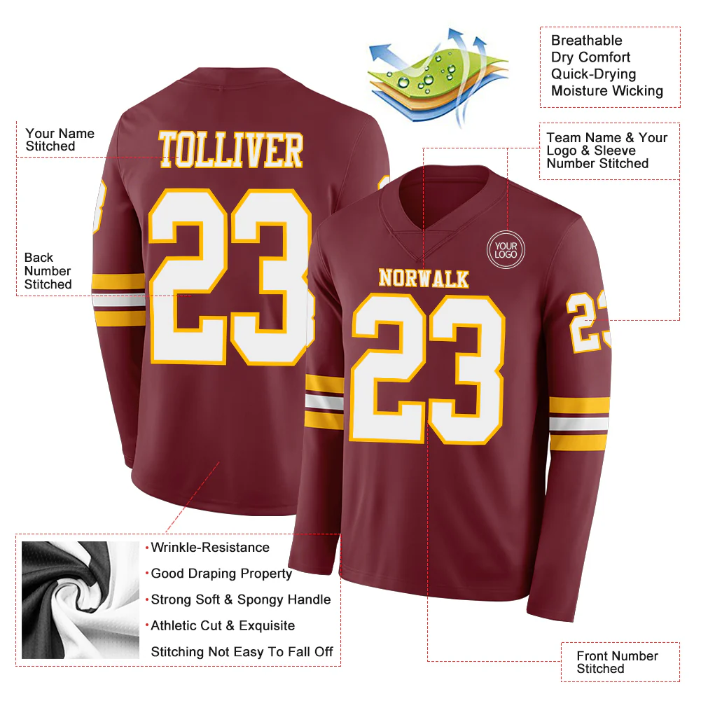 Custom Burgundy White-Gold Long Sleeve Authentic Football Jersey