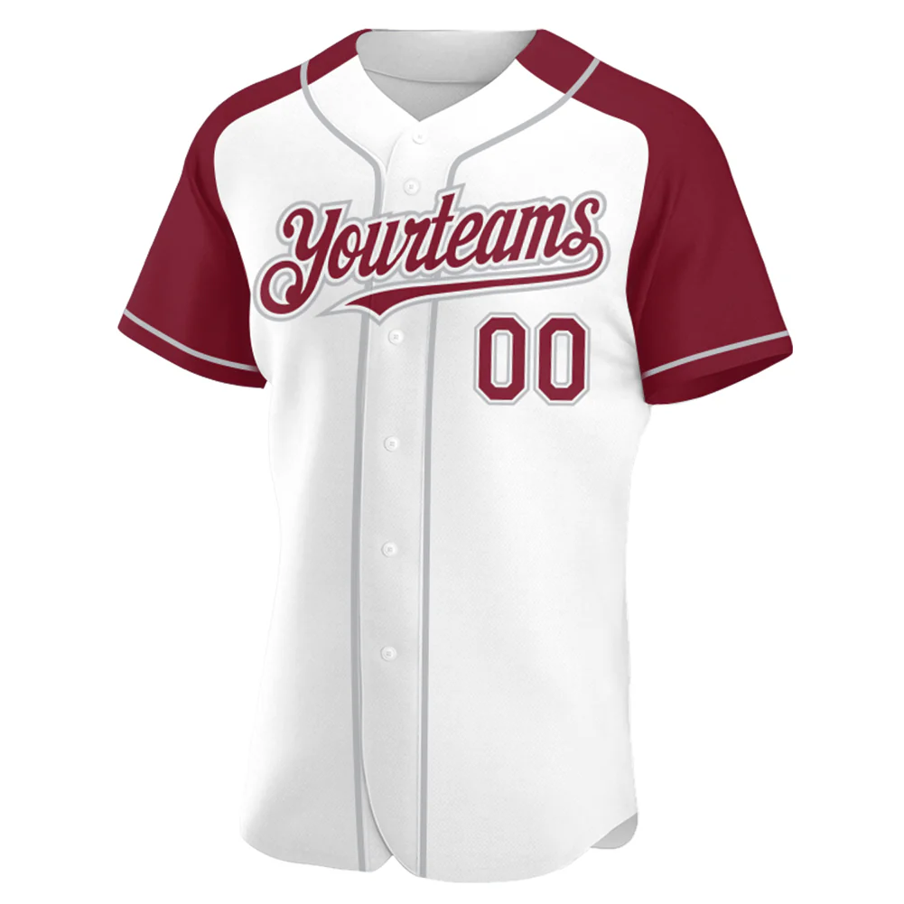 Custom White Crimson-Gray Authentic Raglan Sleeves Baseball Jersey