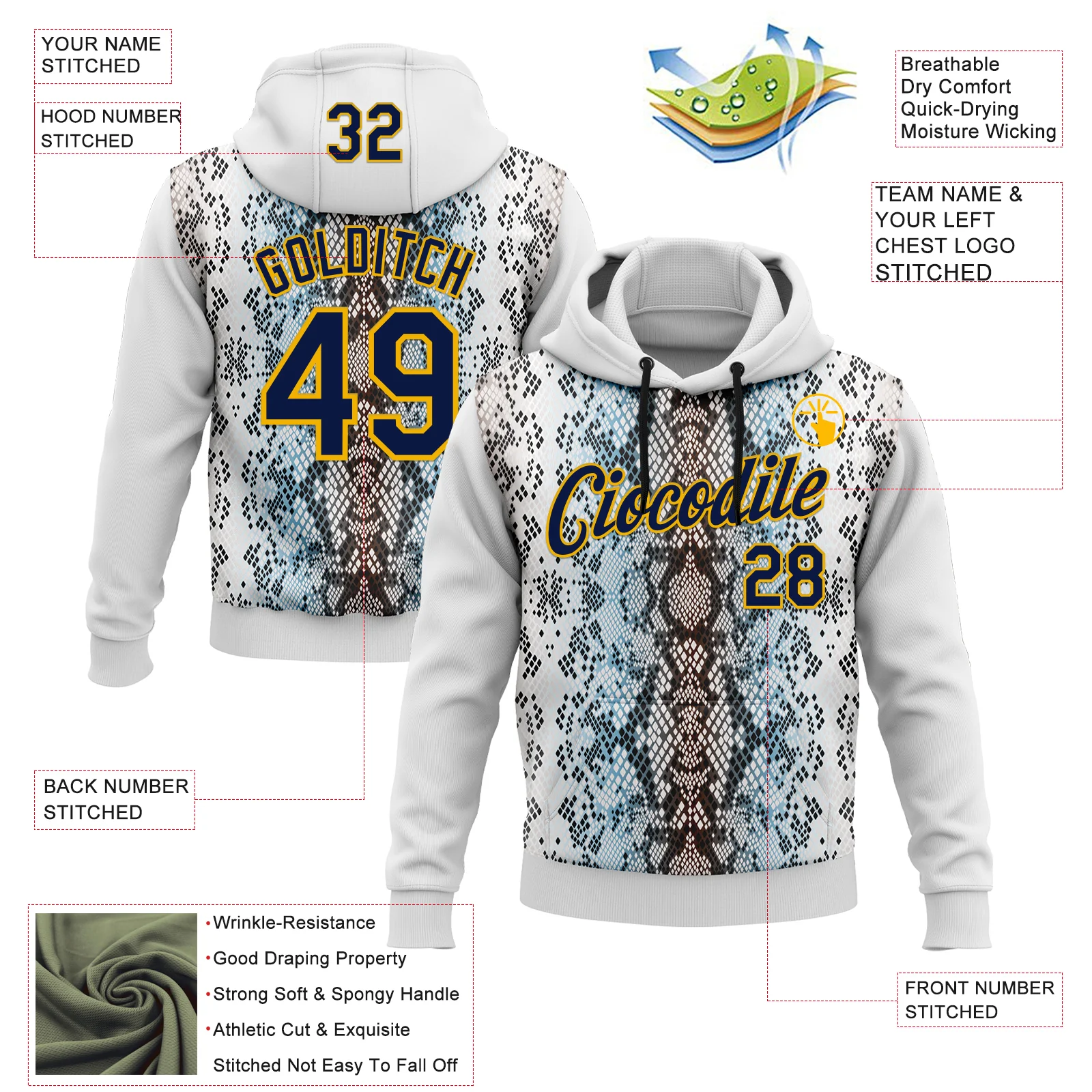 Custom Stitched White Navy Black Blue-Gold 3D Pattern Design Snake Skin Print Sportswear Pullover Sweatshirt Hoodie
