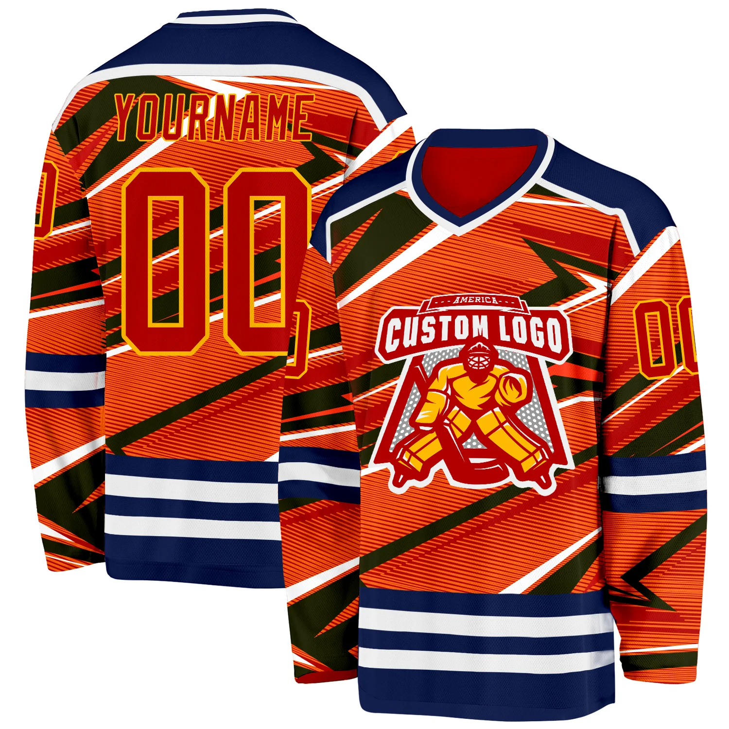 Custom Red Navy Yellow-White 3D Pattern Cyber Mecha E-sport Hockey Jersey