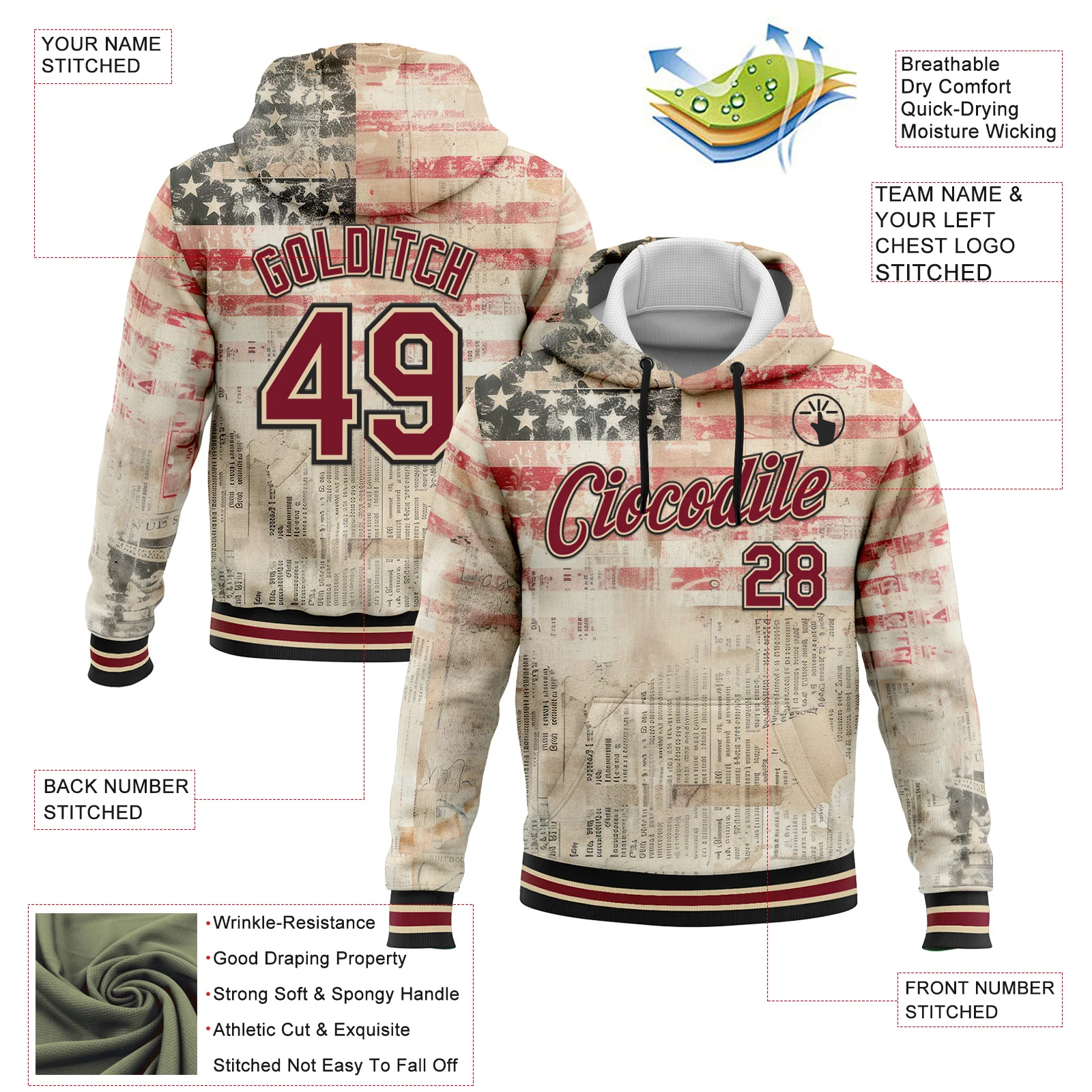 Custom Stitched City Cream Crimson-Black 3D American Flag Retro Distressed Grunge Sports Pullover Sweatshirt Hoodie