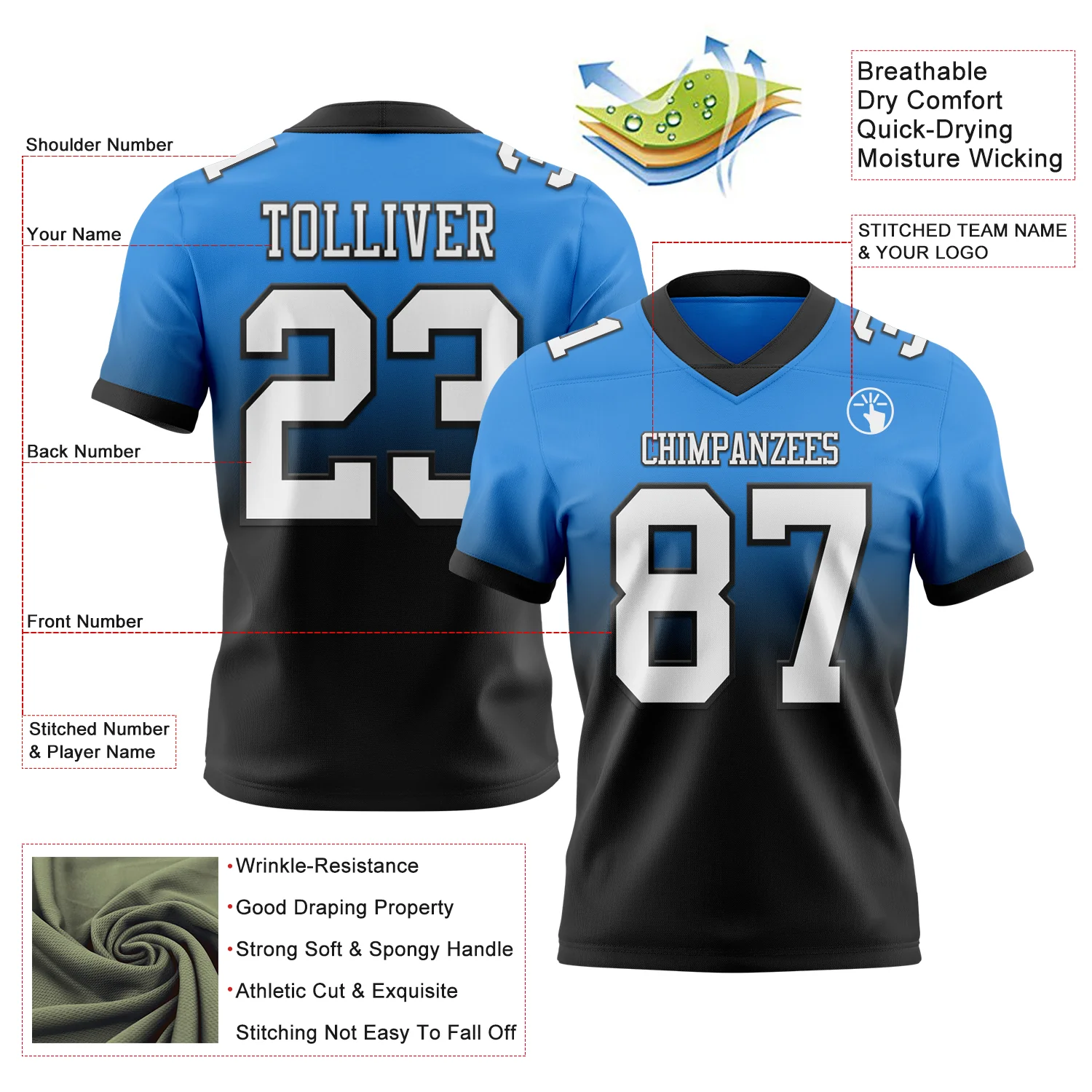 Custom Powder Blue White-Black Authentic Fade Fashion Football Jersey