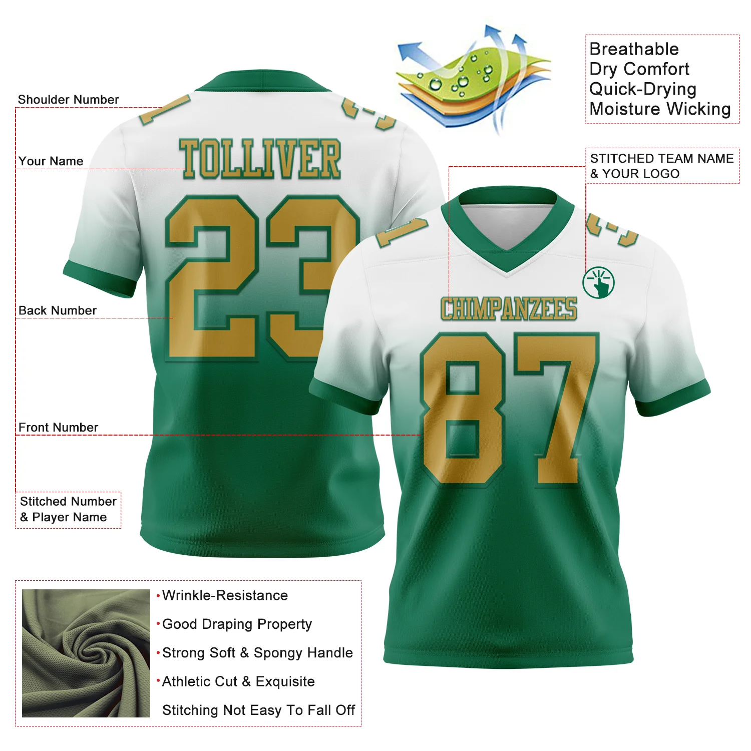 Custom White Old Gold-Kelly Green Authentic Fade Fashion Football Jersey