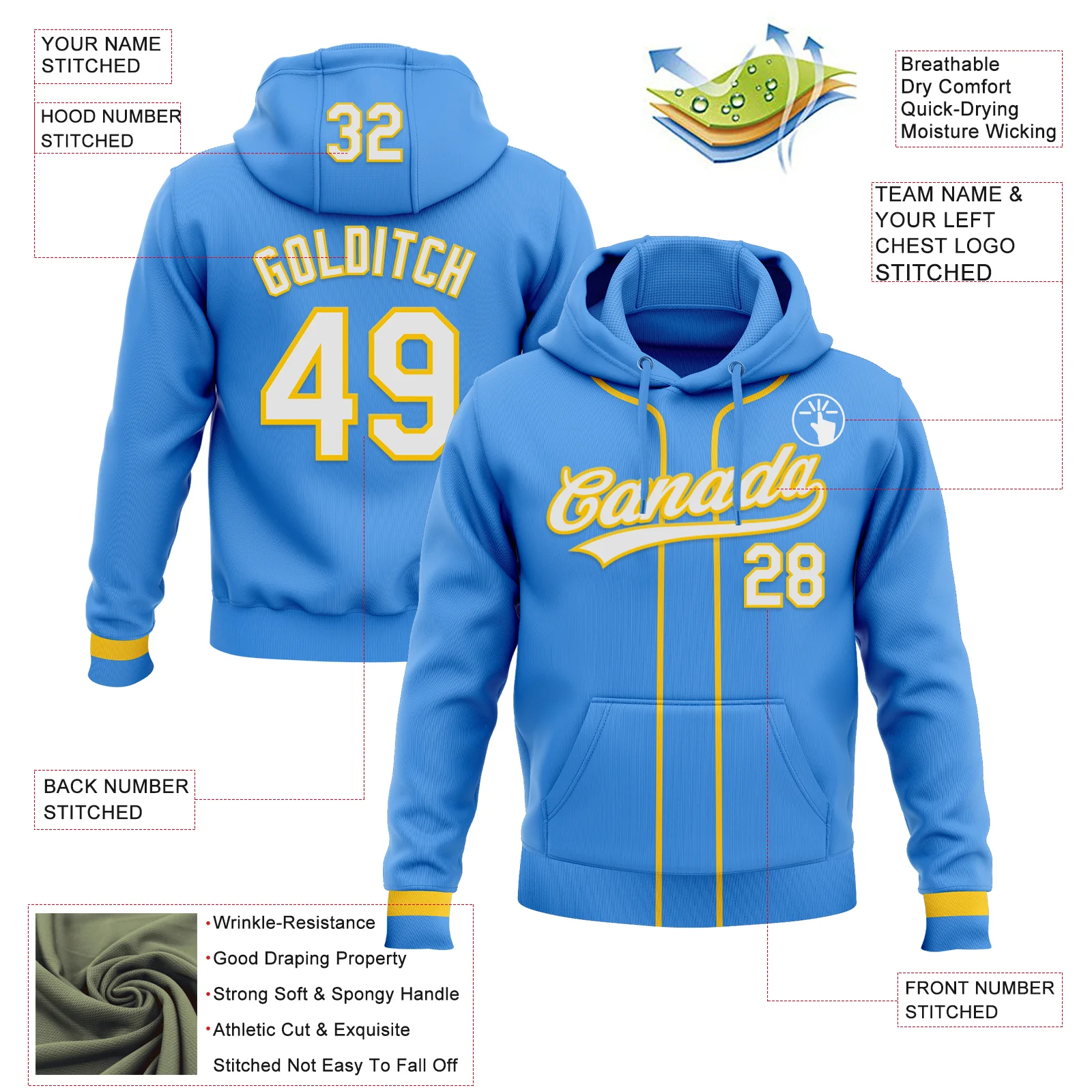Custom Stitched Powder Blue White-Yellow Baseball Pullover Sweatshirt Hoodie