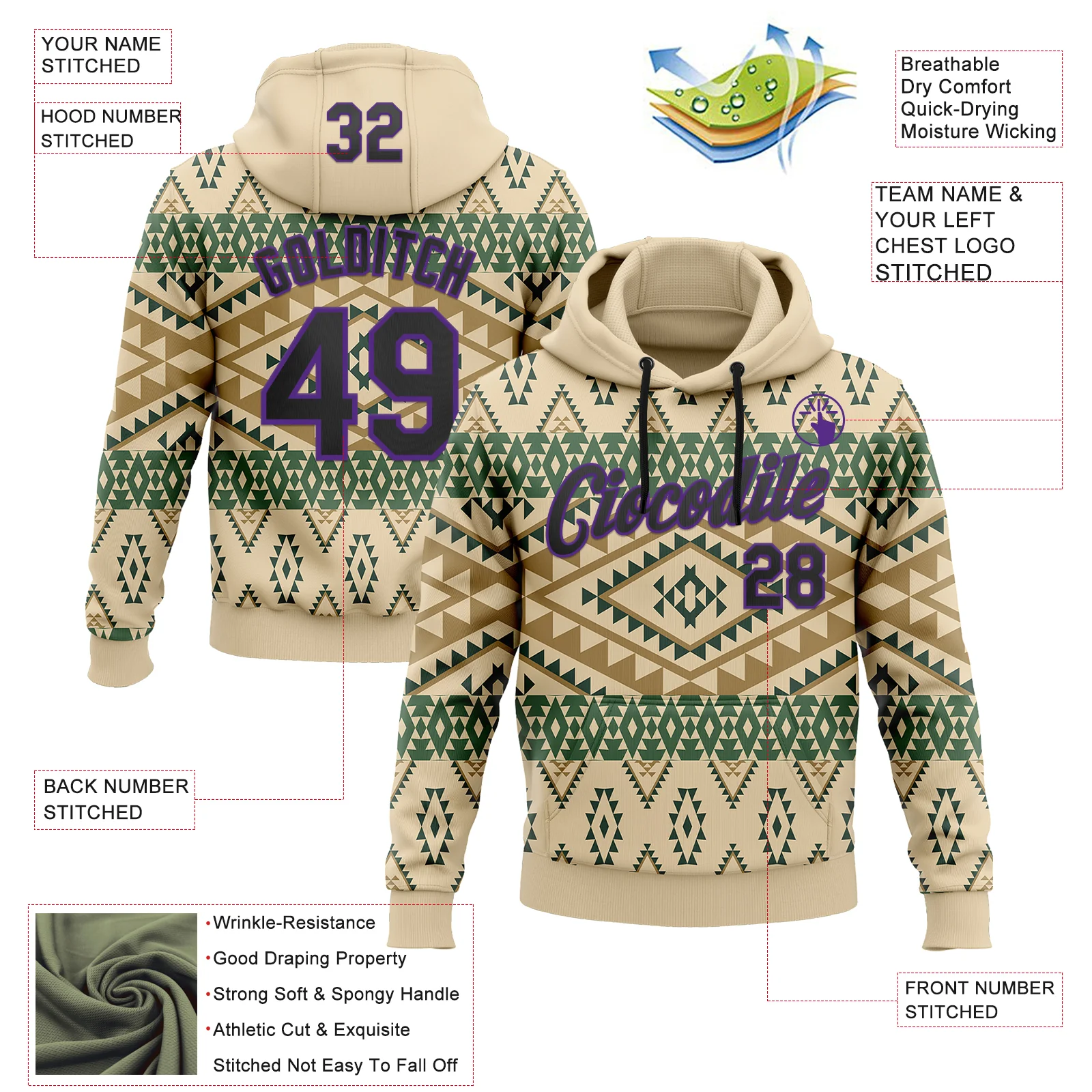 Custom Stitched City Cream Black-Purple 3D Pattern Design Tribal Ethnic Native American Sports Pullover Sweatshirt Hoodie