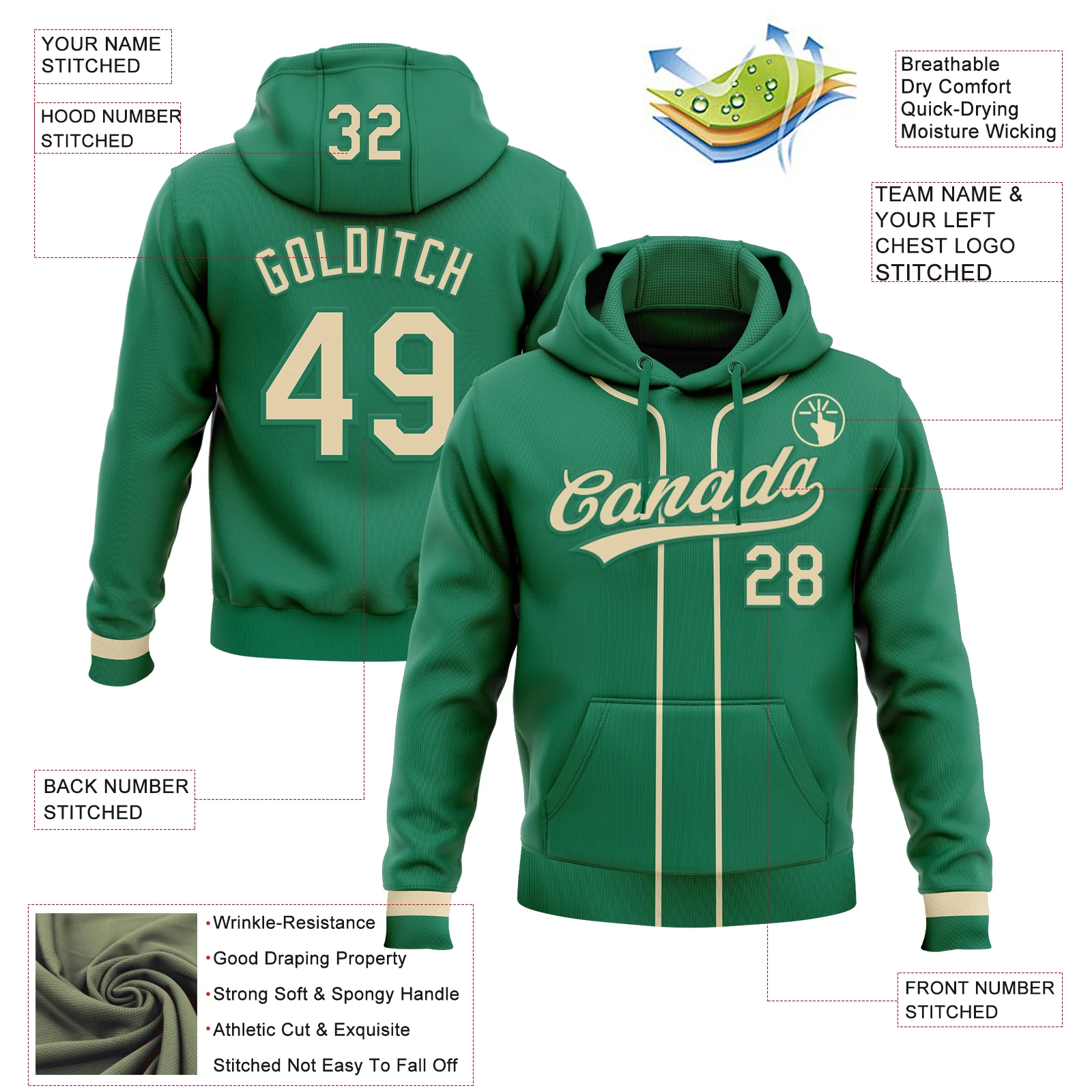 Custom Stitched Kelly Green Cream Baseball Pullover Sweatshirt Hoodie