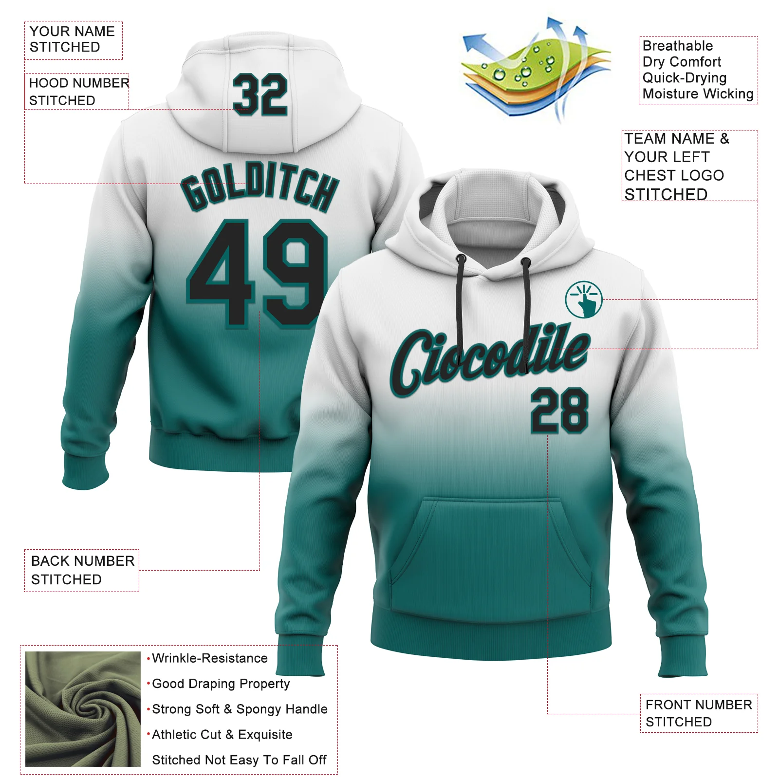 Custom Stitched White Black-Teal Fade Fashion Sports Pullover Sweatshirt Hoodie