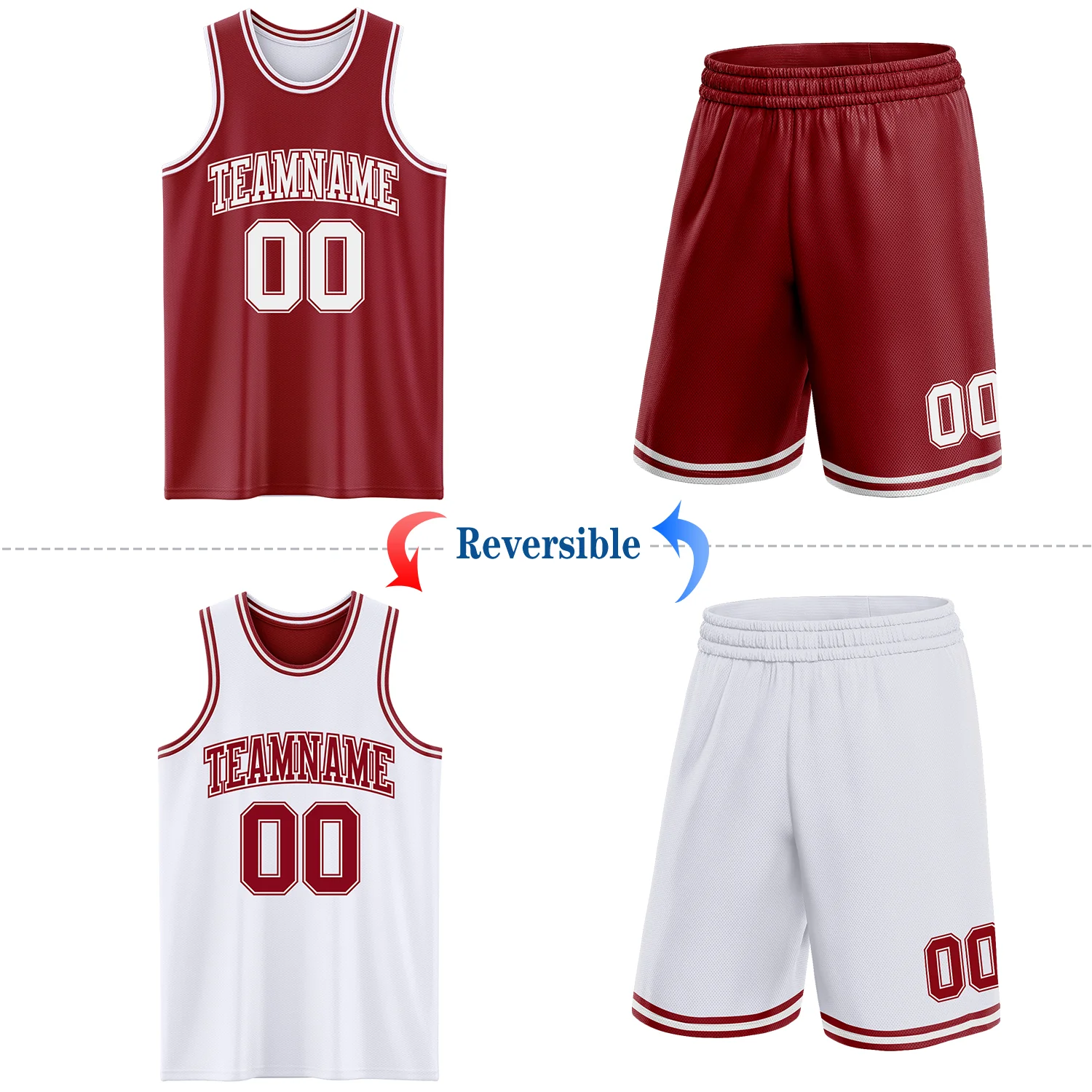 Custom Reversible Maroon White Double Side Sublimation Basketball Suit Jersey