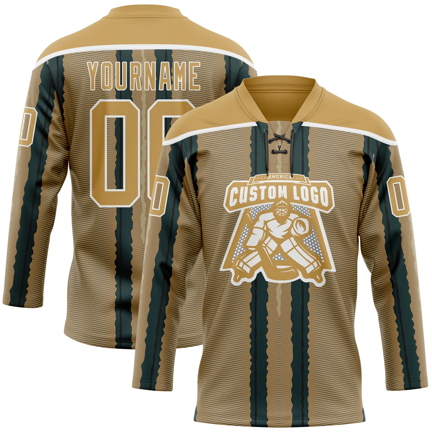 Custom Old Gold Green Black-White 3D Pattern Design Stripe Hockey Lace Neck Jersey