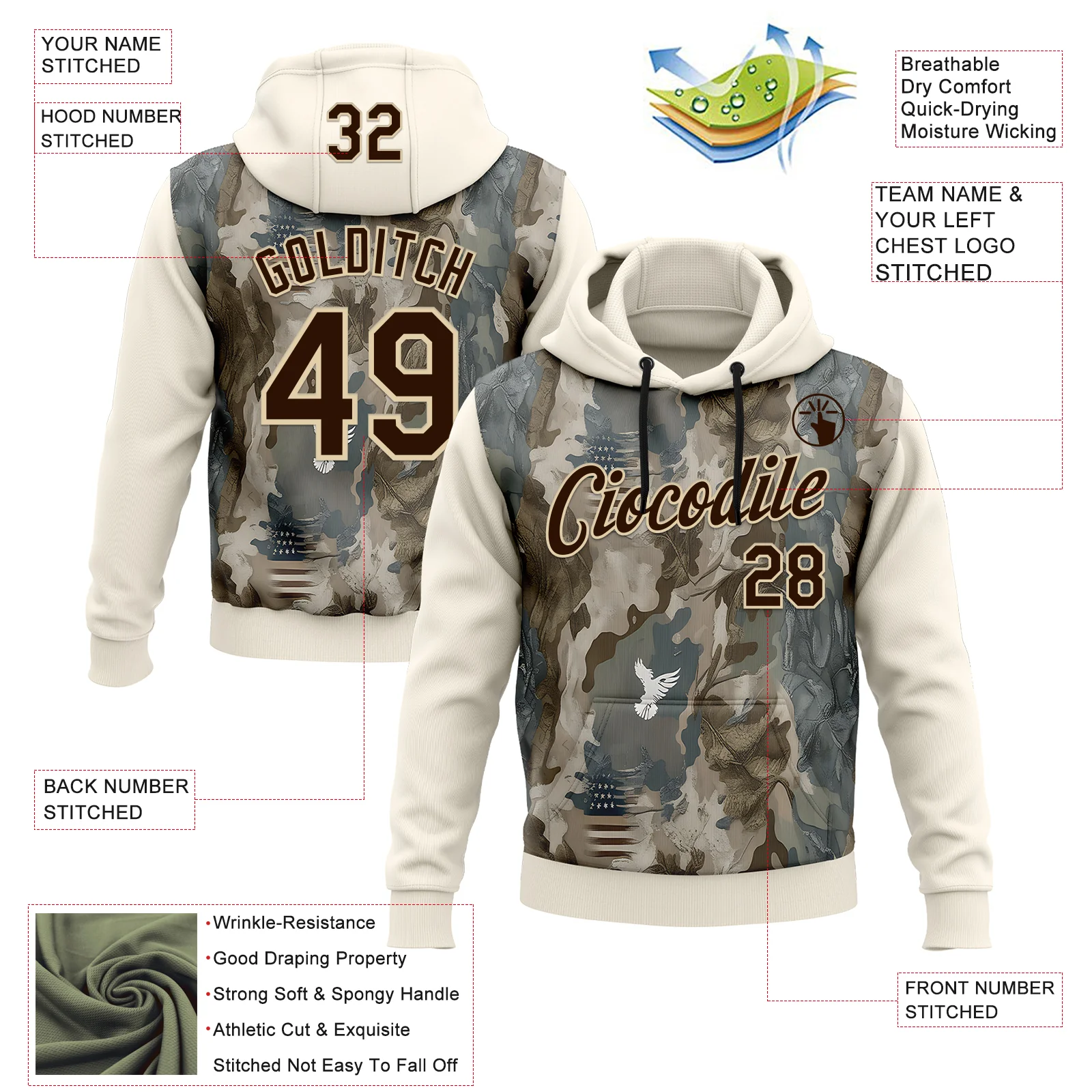 Custom Stitched Cream Brown-Cream 3D Pattern Design Tree Camo Hunting Sports Pullover Sweatshirt Hoodie