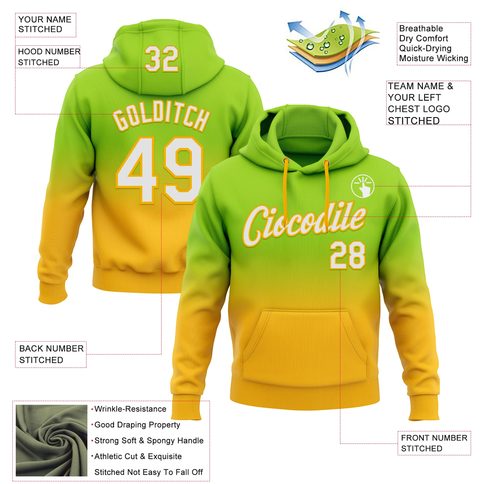Custom Stitched Neon Green White-Gold Fade Fashion Sports Pullover Sweatshirt Hoodie