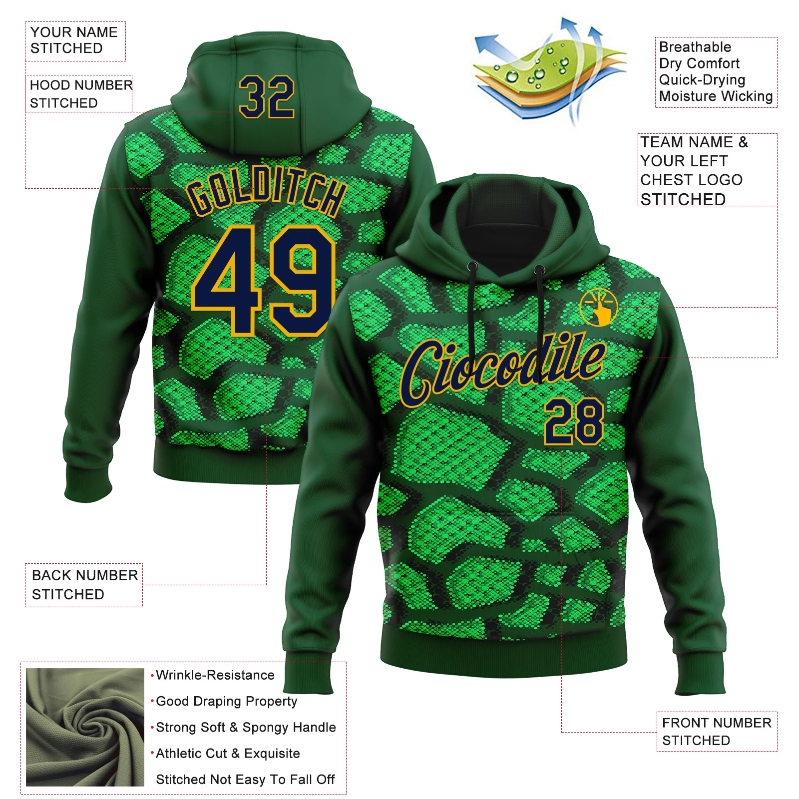 Custom Stitched Green Navy-Gold 3D Pattern Design Crocodile Skin Print Sportswear Pullover Sweatshirt Hoodie