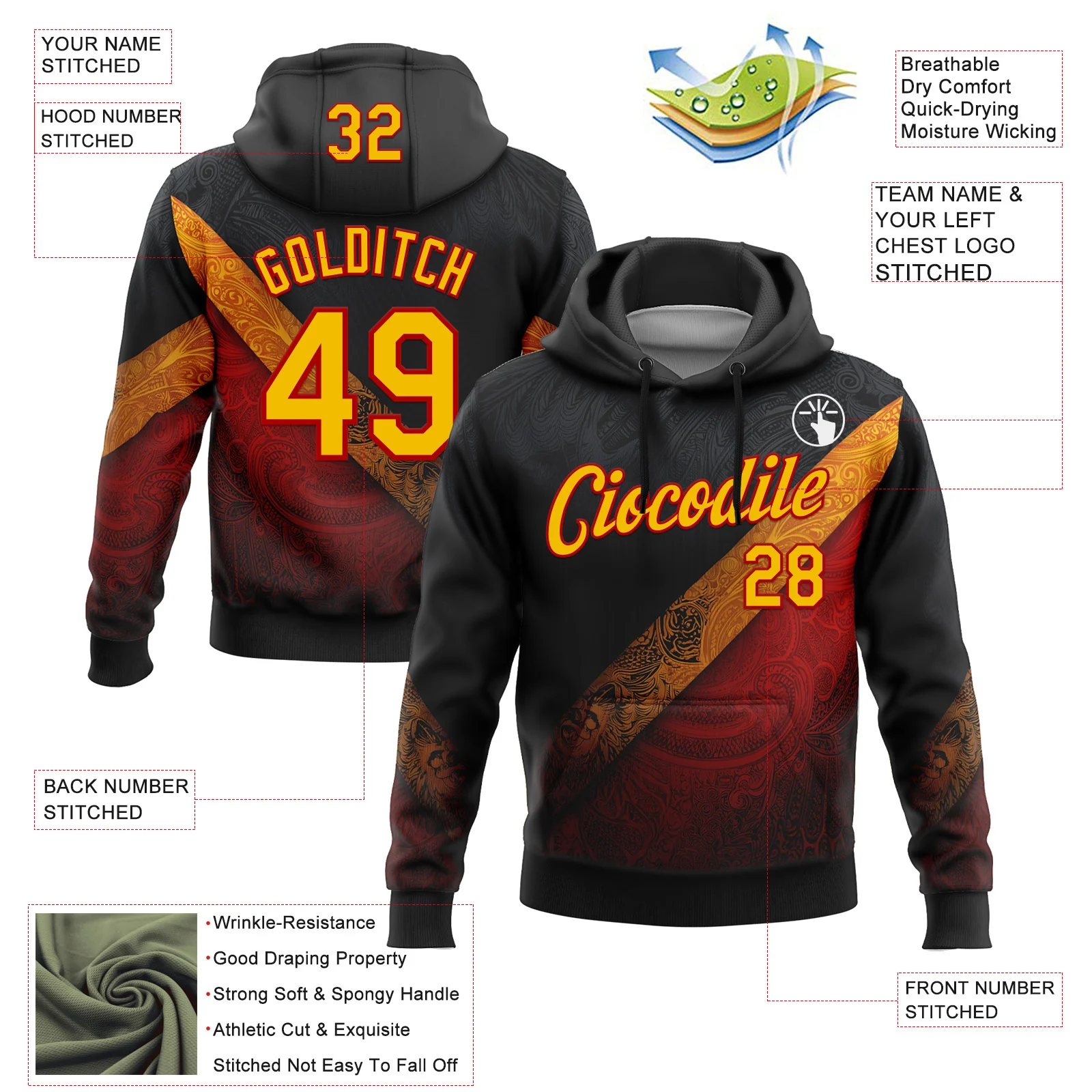 Custom Stitched Black Yellow-Red 3D Pattern Design Germany Inspired Tribal Sportswear Pullover Sweatshirt Hoodie