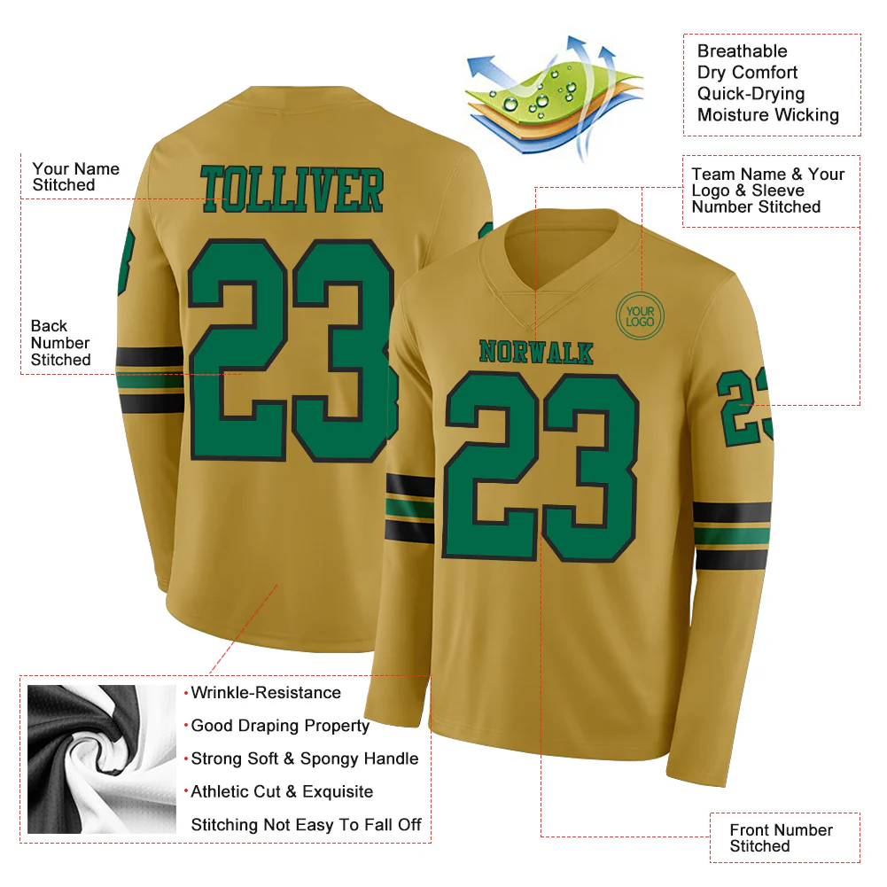 Custom Old Gold Kelly Green-Black Long Sleeve Authentic Football Jersey