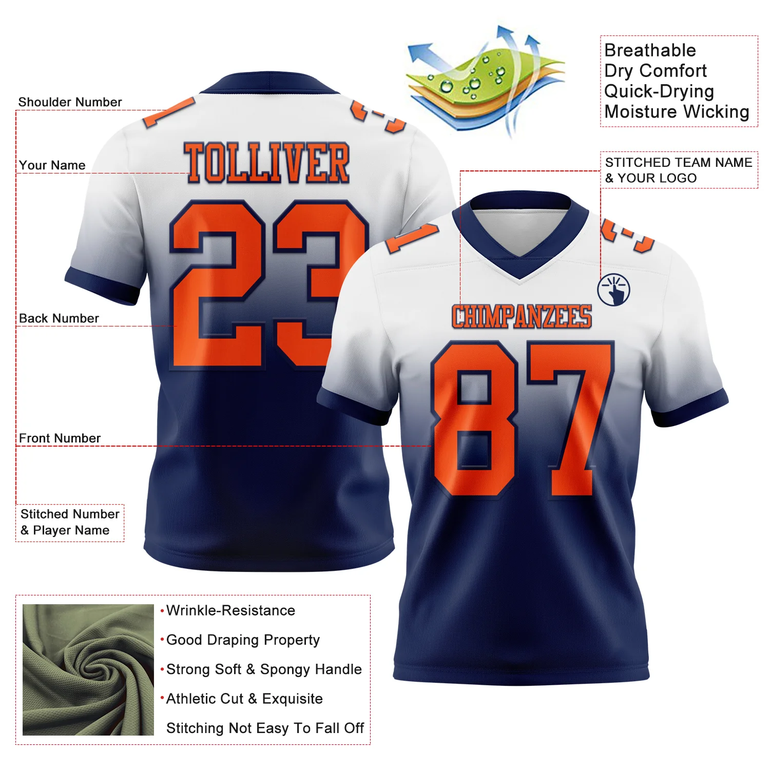 Custom White Orange-Navy Authentic Fade Fashion Football Jersey