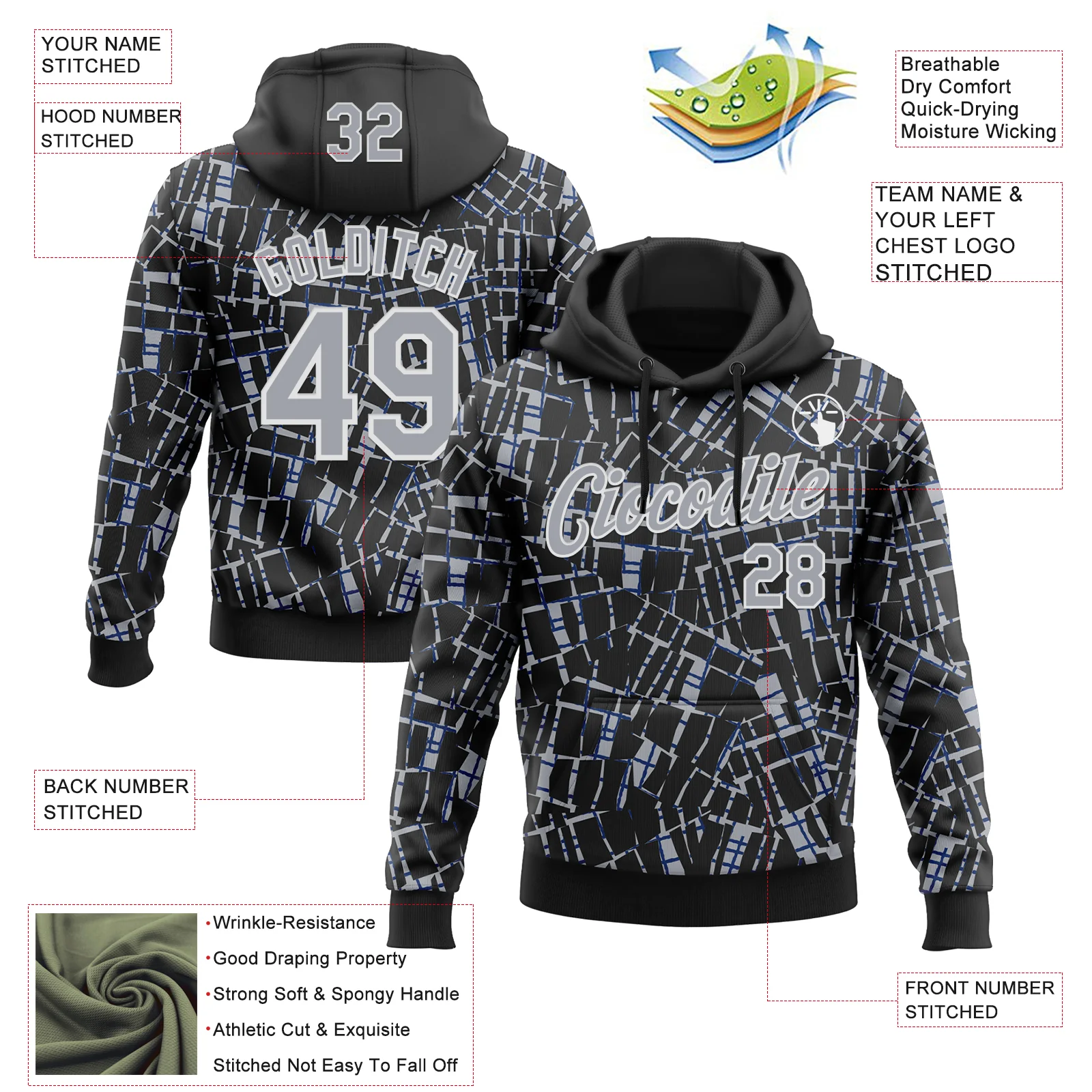 Custom Stitched Black Gray-White 3D Pattern Design Line Sports Pullover Sweatshirt Hoodie