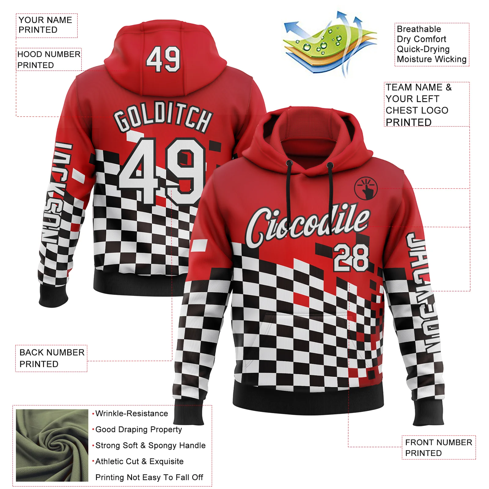 Custom Red White-Black 3D Pattern Design Formula Auto Car Racing Motorsport Sports Pullover Sweatshirt Hoodie