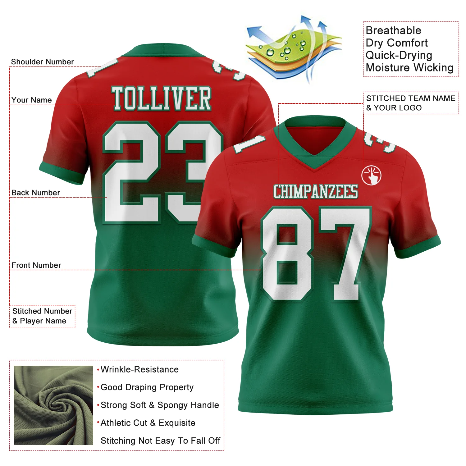 Custom Red White-Kelly Green Authentic Fade Fashion Football Jersey
