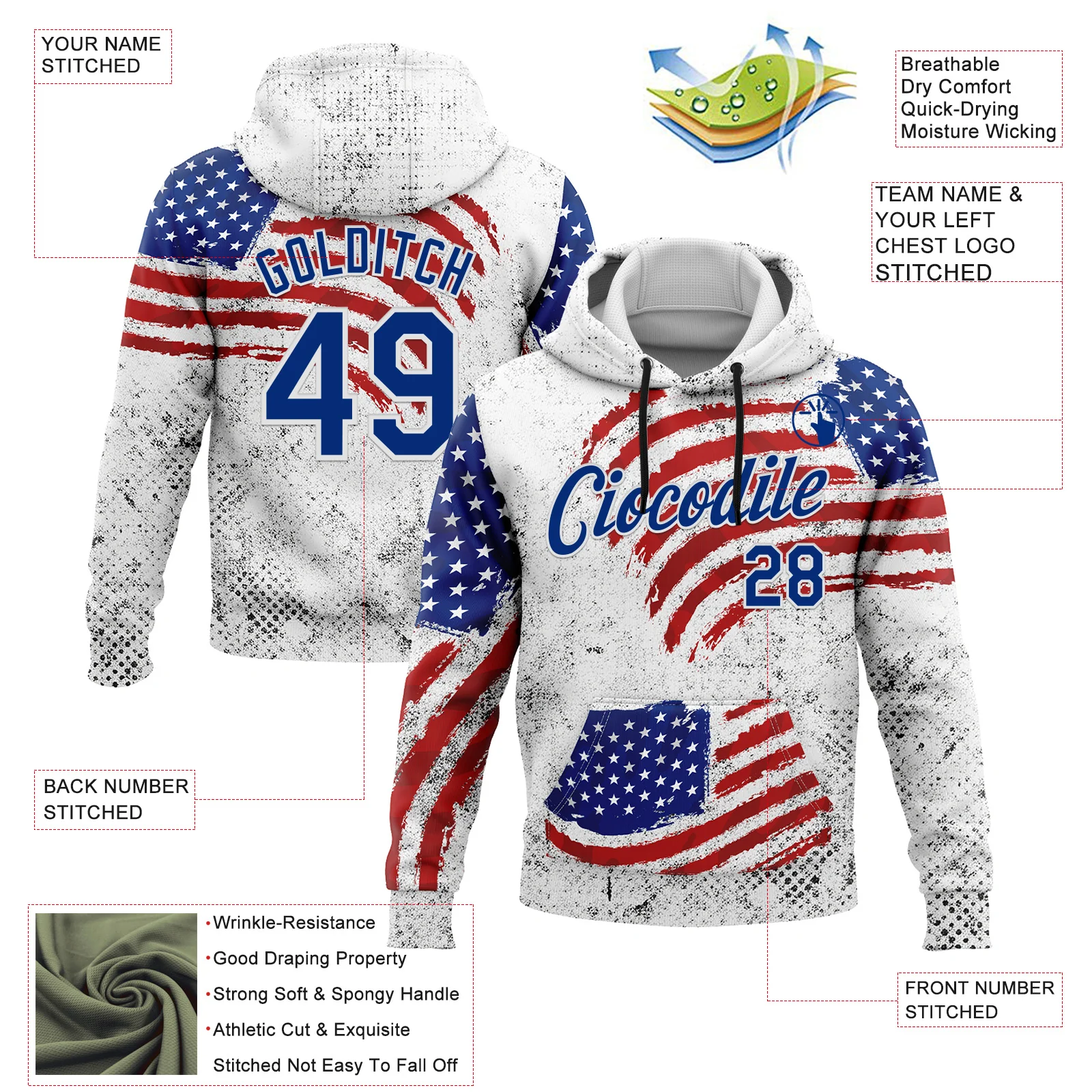 Custom Stitched White Royal-Red 3D American Flag Retro Distressed Grunge Sports Pullover Sweatshirt Hoodie