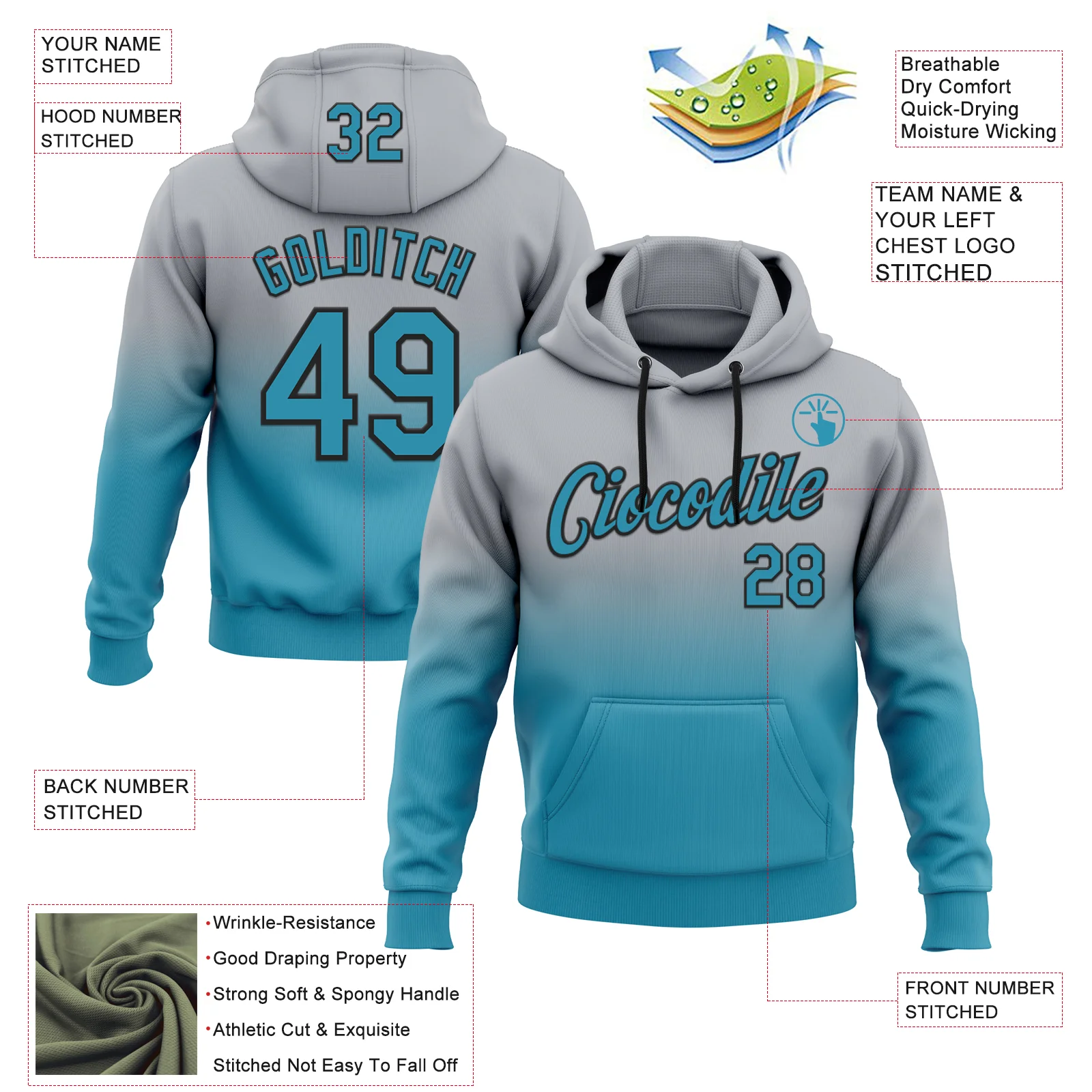 Custom Stitched Gray Panther Blue-Black Fade Fashion Sports Pullover Sweatshirt Hoodie