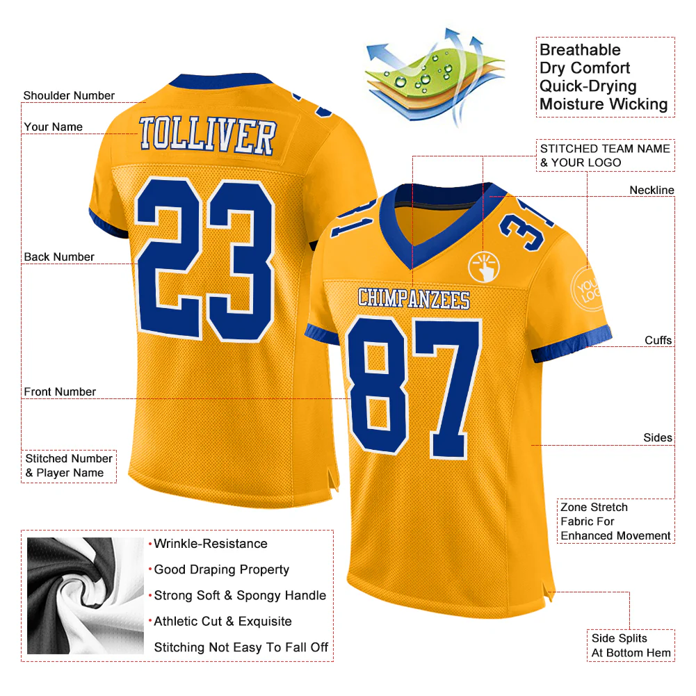 Custom Gold Royal-White Mesh Authentic Football Jersey