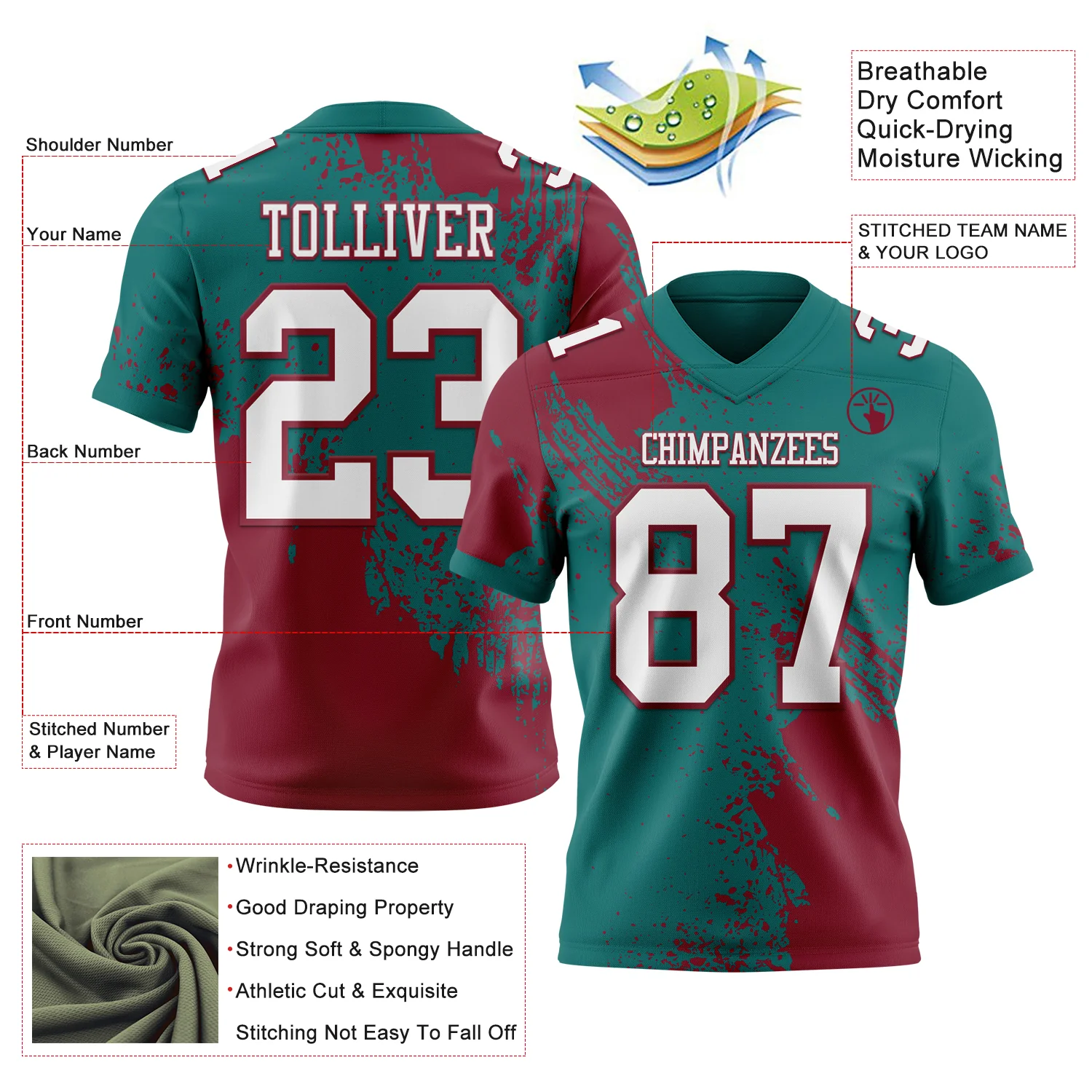 Custom Teal White-Crimson 3D Pattern Abstract Brush Stroke Authentic Football Jersey