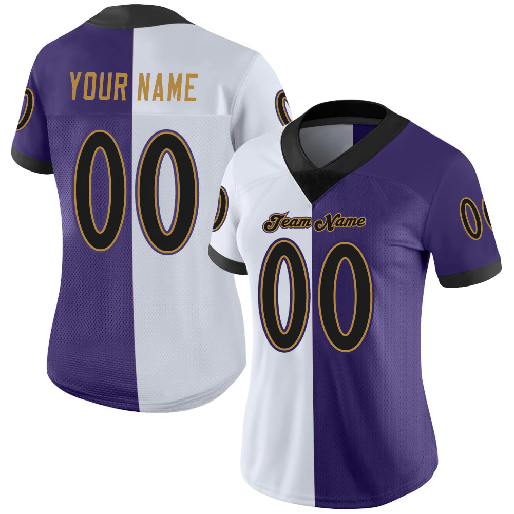 Custom Purple Black-White Split Fashion Football Jersey