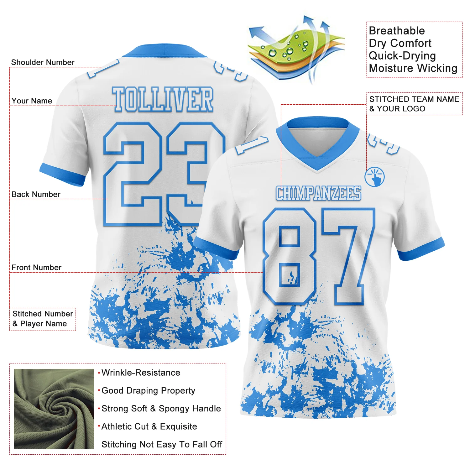 Custom White Powder Blue 3D Pattern Splash Authentic Football Jersey
