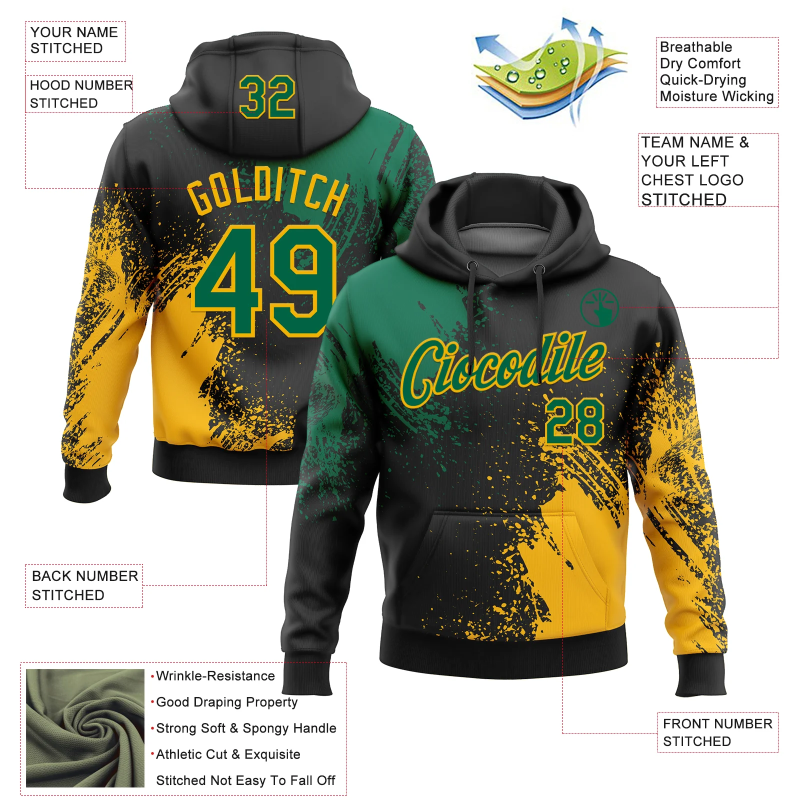 Custom Stitched Black Kelly Green-Gold 3D Pattern Design Abstract Brush Stroke Sports Pullover Sweatshirt Hoodie