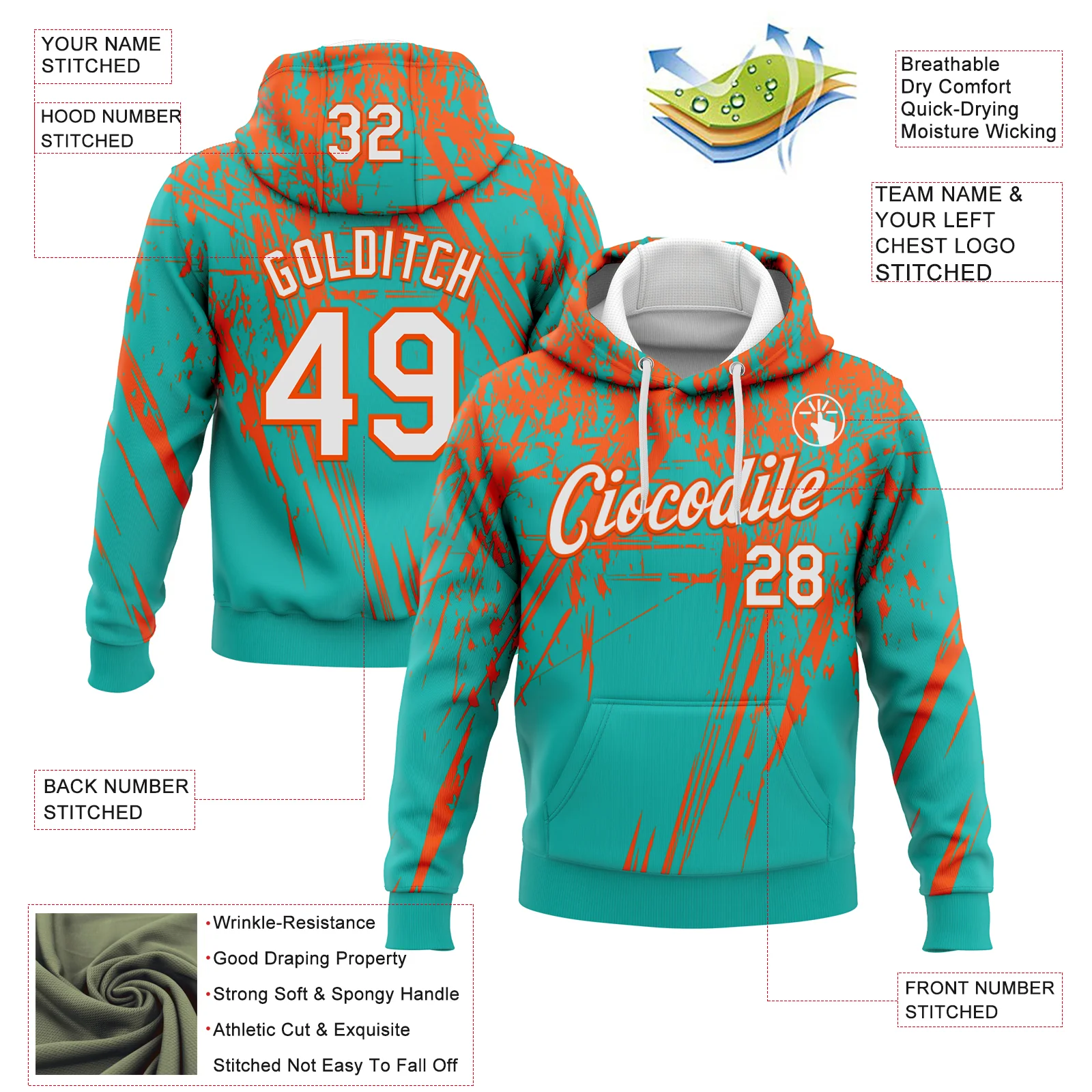 Custom Stitched Aqua White-Orange 3D Pattern Design Splash Grunge Art Sports Pullover Sweatshirt Hoodie