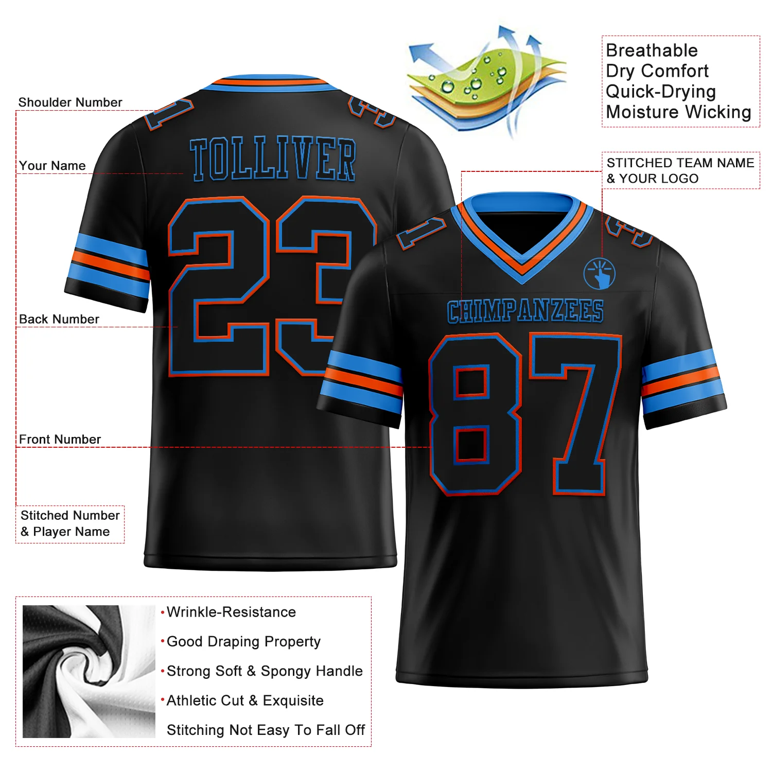 Custom Black Powder Blue-Orange Authentic Football Jersey