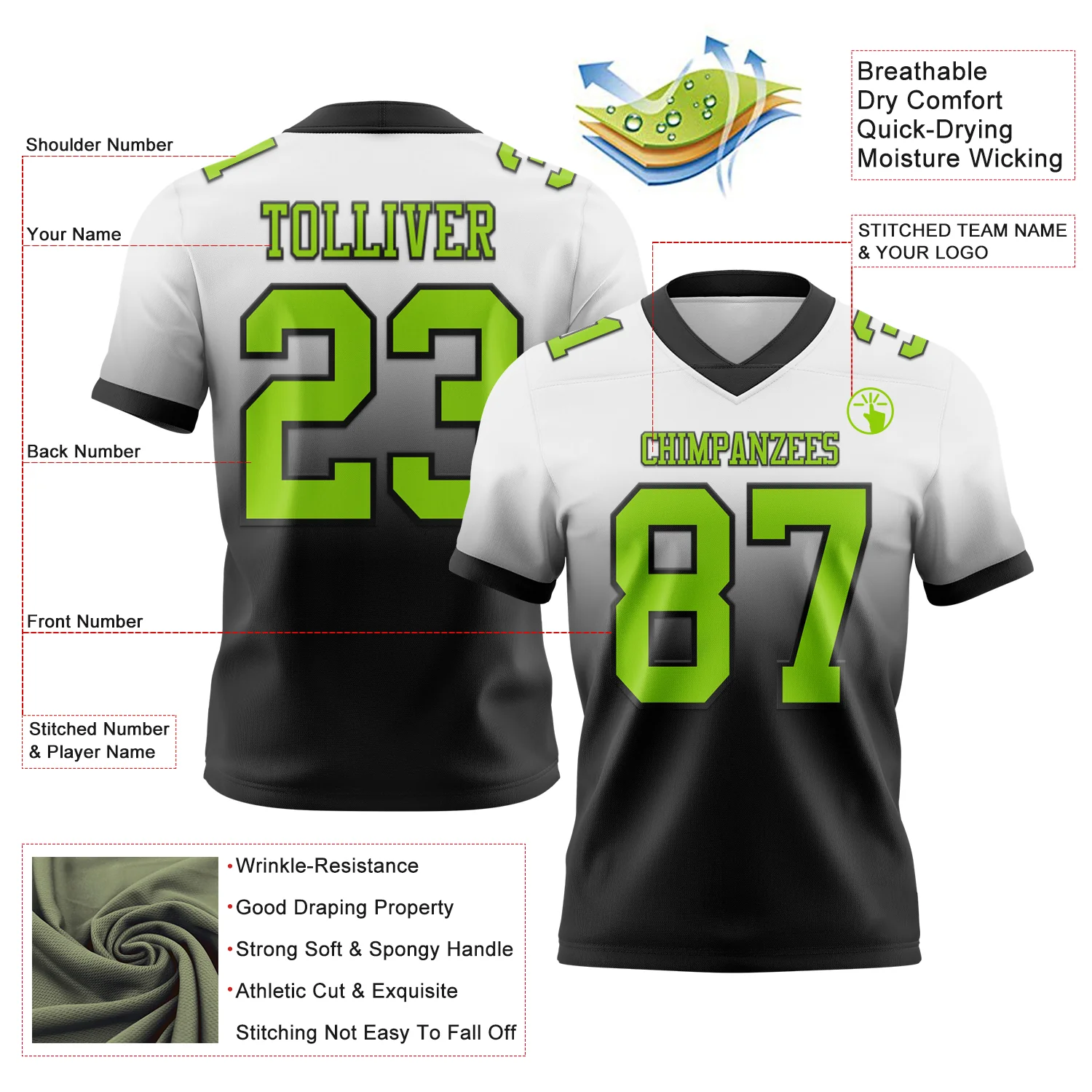 Custom White Neon Green-Black Authentic Fade Fashion Football Jersey