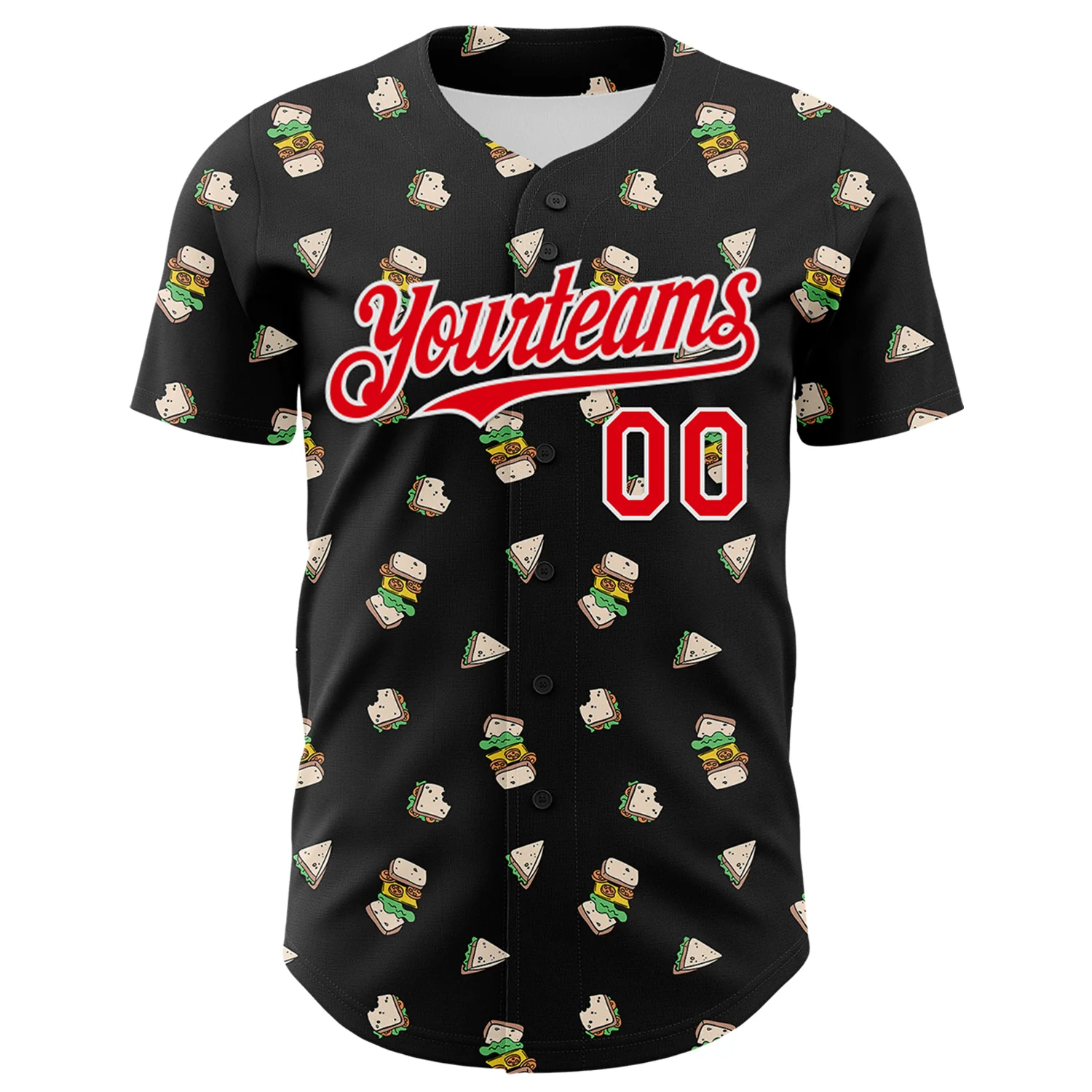 Custom Black Fire Red-White 3D Pattern Design Foodie Fast Food Sandwich Authentic Baseball Jersey