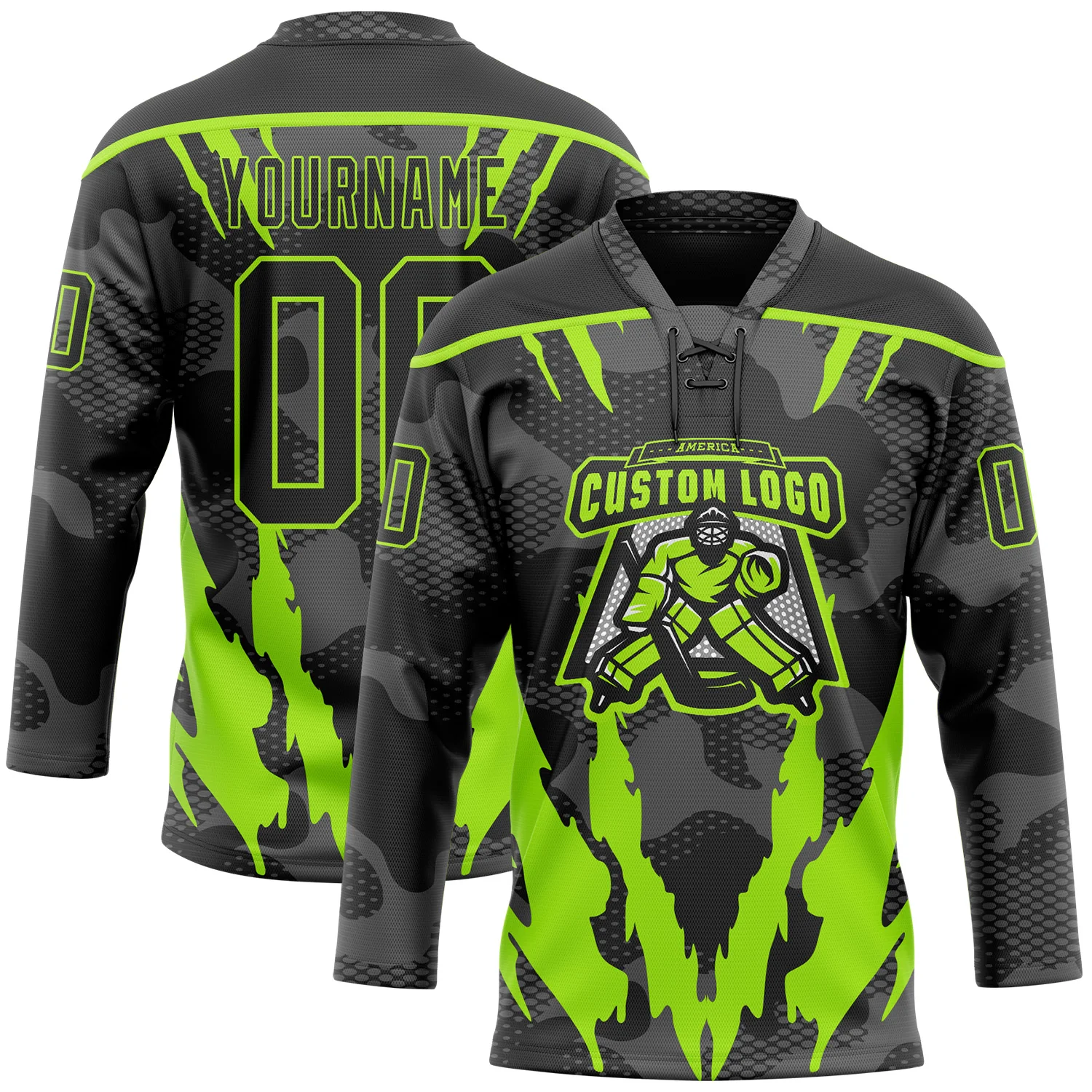 Custom Camo Black-Neon Green 3D Camouflage Hockey Lace Neck Jersey
