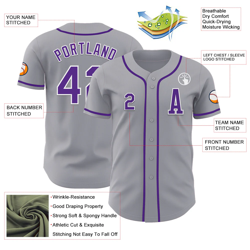 Custom Gray Purple-White Authentic Baseball Jersey