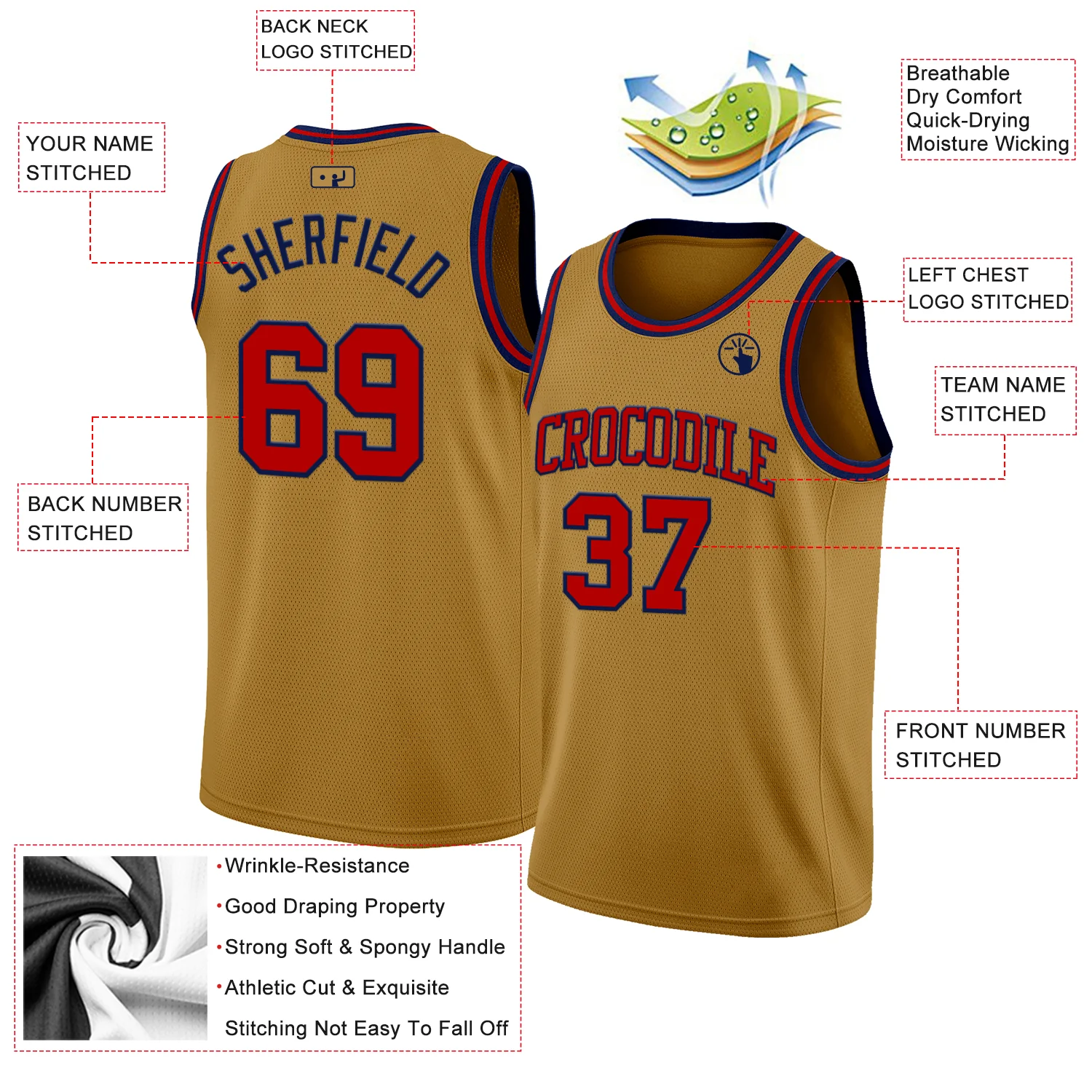 Custom Old Gold Red-Navy Authentic Basketball Jersey