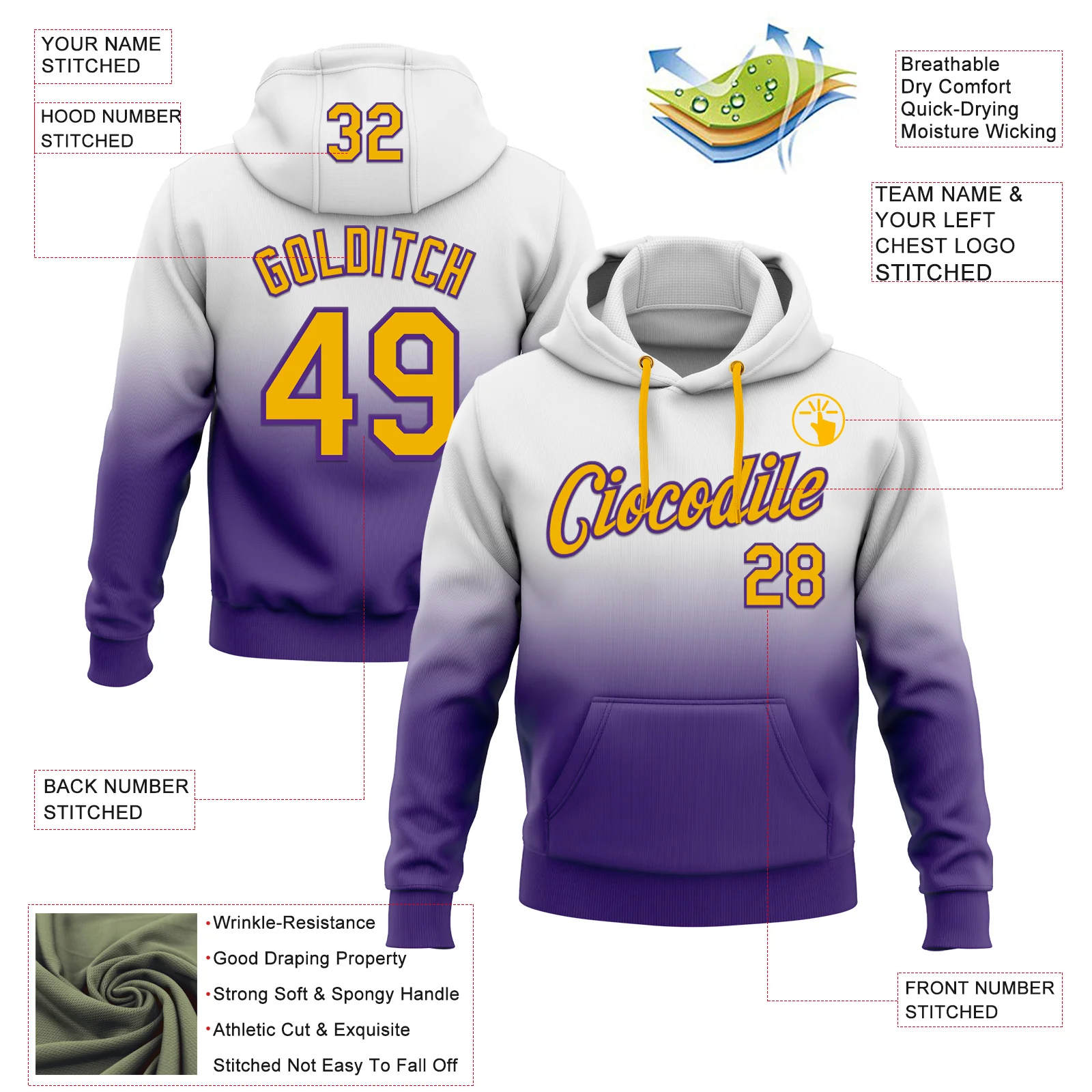Custom Stitched White Gold-Purple Fade Fashion Sports Pullover Sweatshirt Hoodie