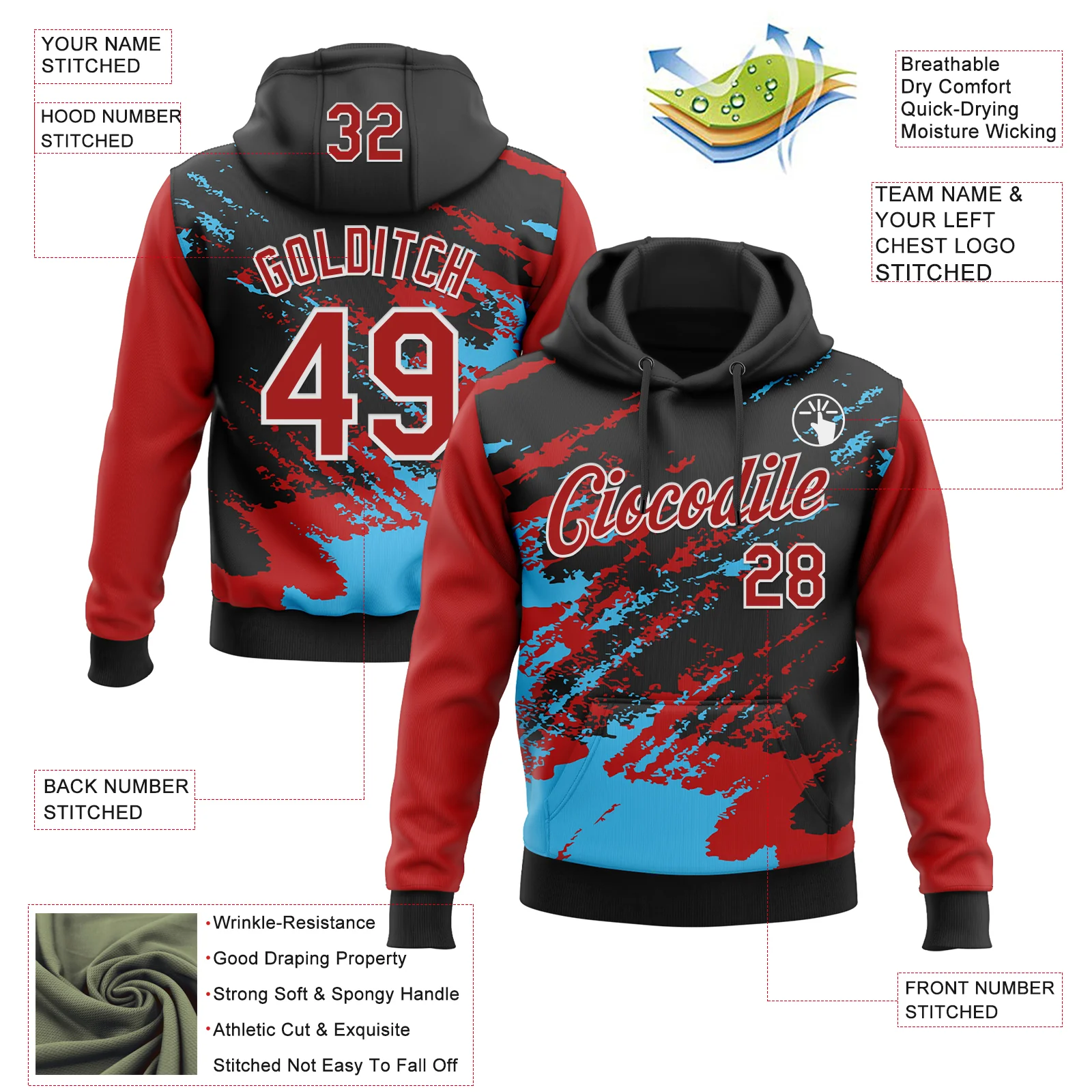 Custom Stitched Black Red Sky Blue-White 3D Pattern Design Abstract Fragment Art Splash Sports Pullover Sweatshirt Hoodie