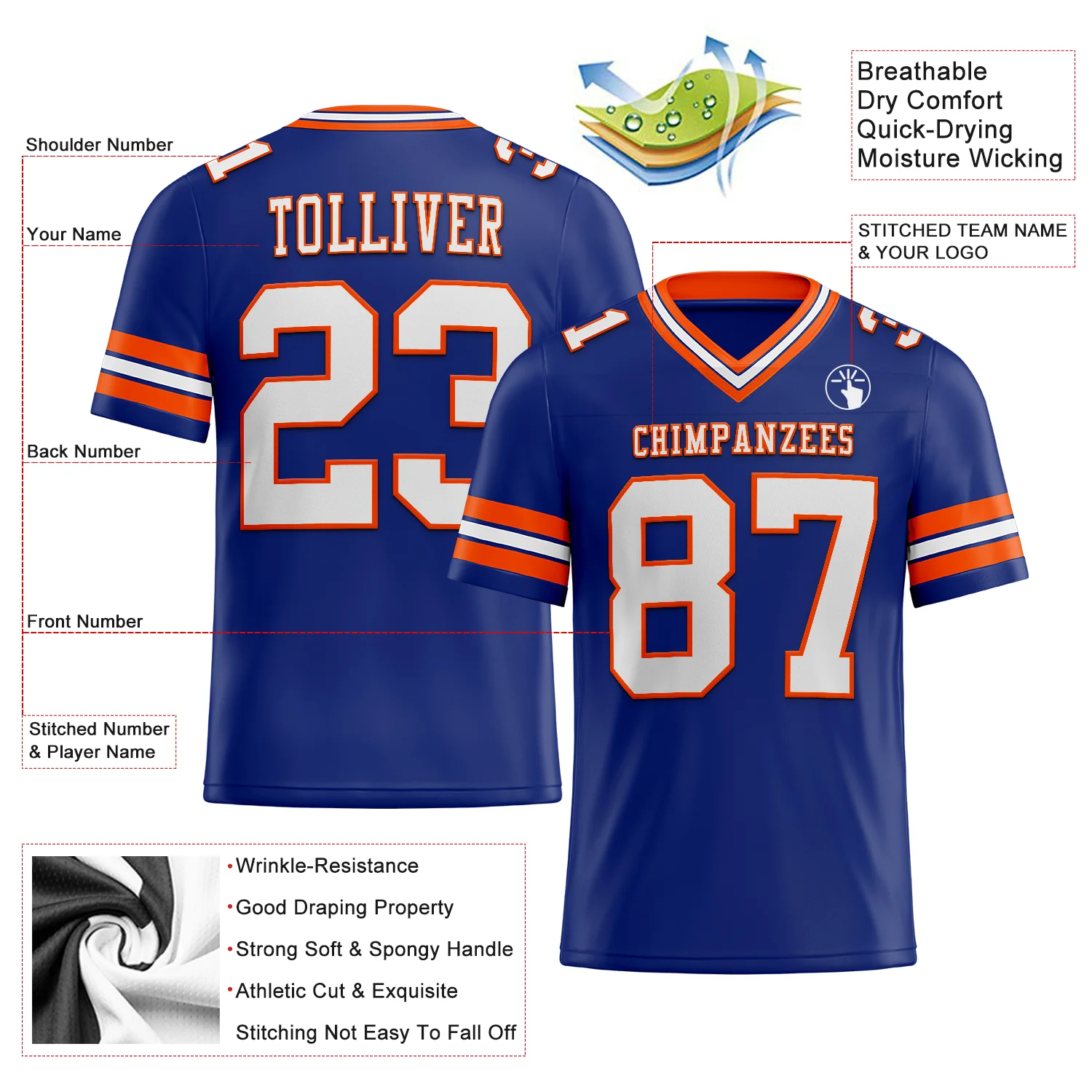 Custom Royal White-Orange Authentic Football Jersey