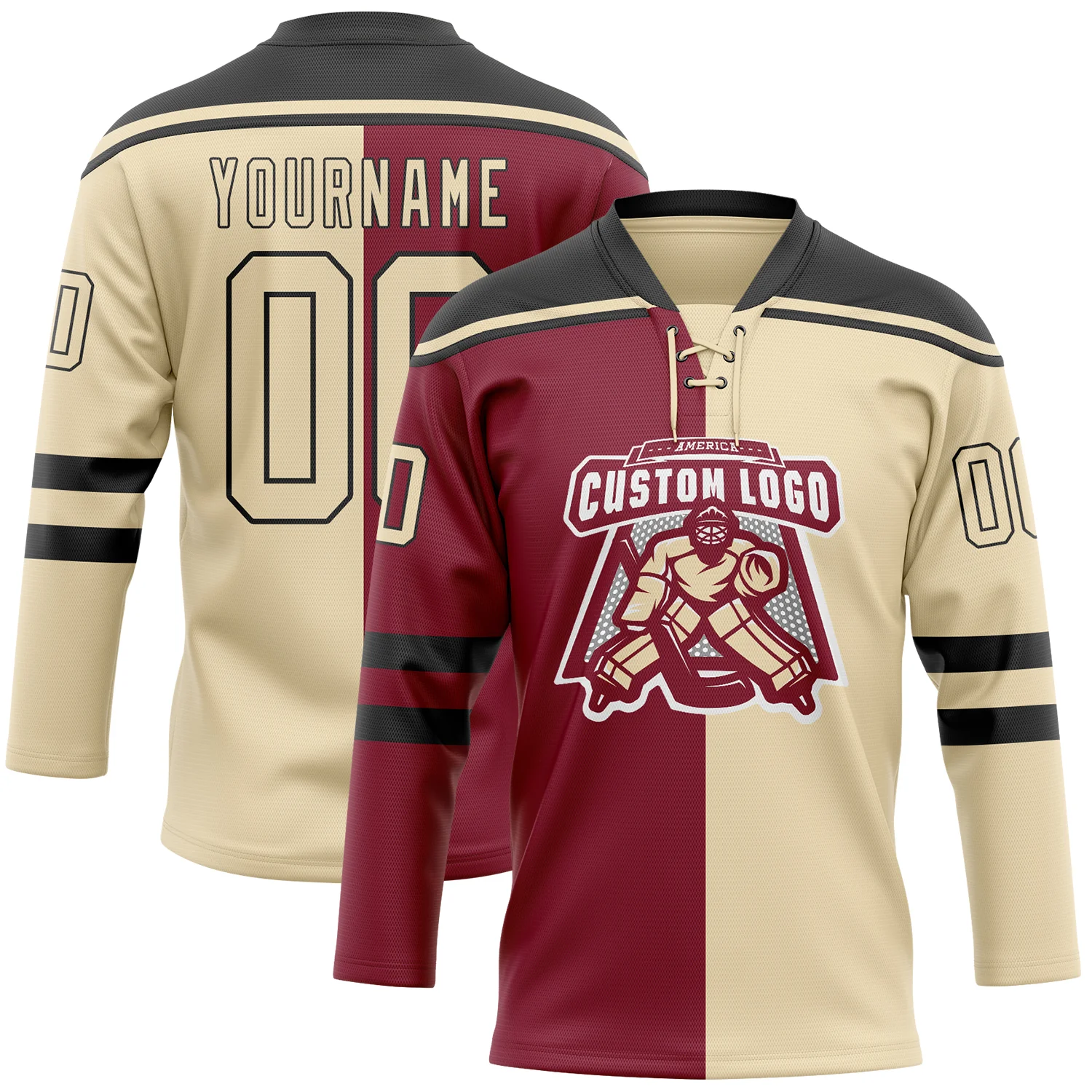 Custom Cream Crimson-Black Split Fashion Hockey Lace Neck Jersey