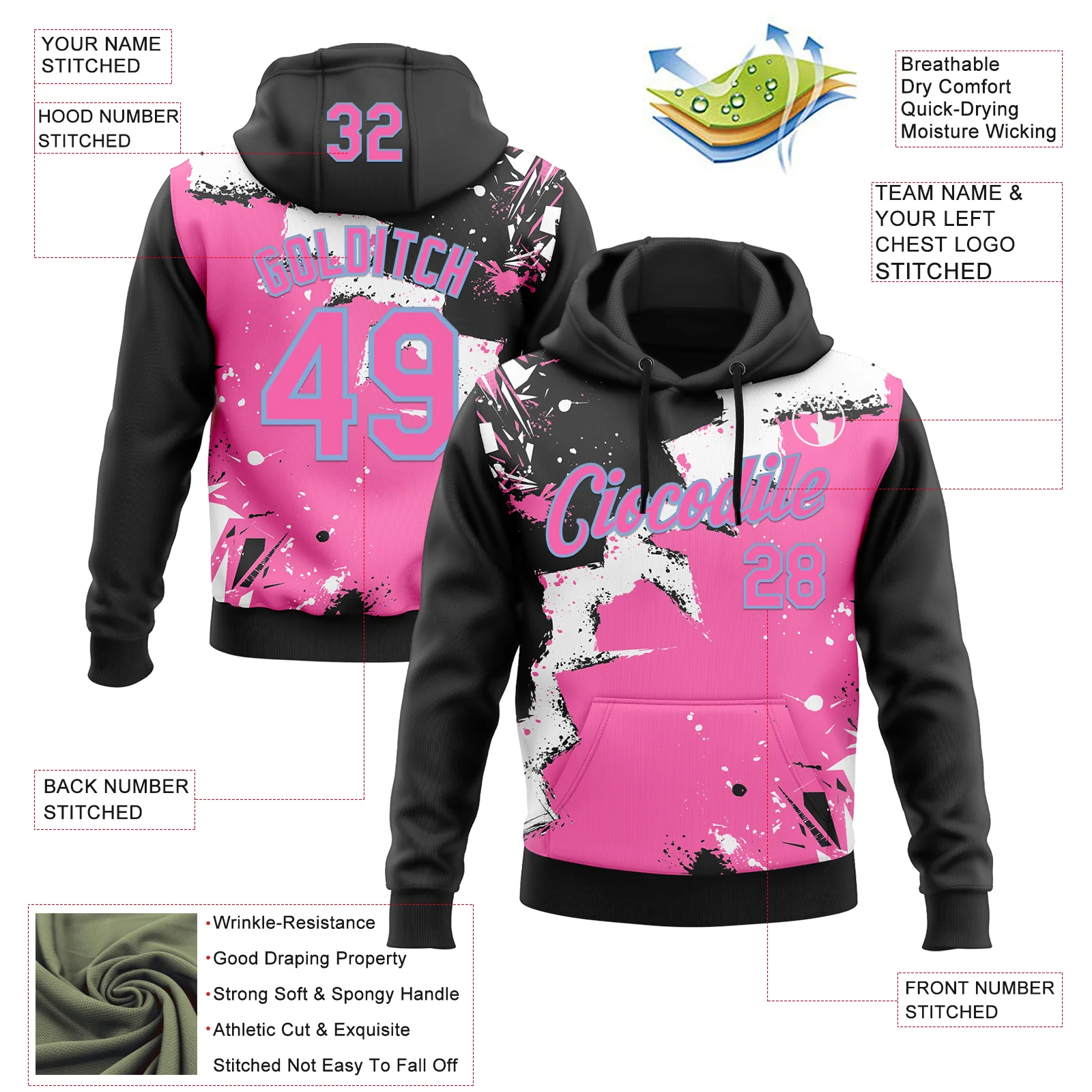 Custom Stitched Black Pink Light Blue-White 3D Pattern Design Splash Torn Paper Style Sports Pullover Sweatshirt Hoodie