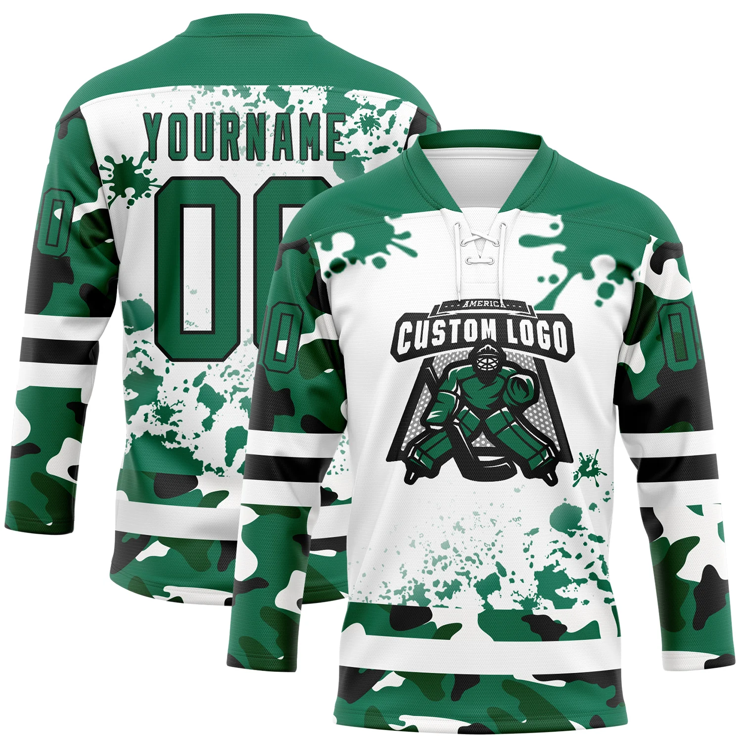 Custom Camo Kelly Green Black-White Splash Hockey Lace Neck Jersey