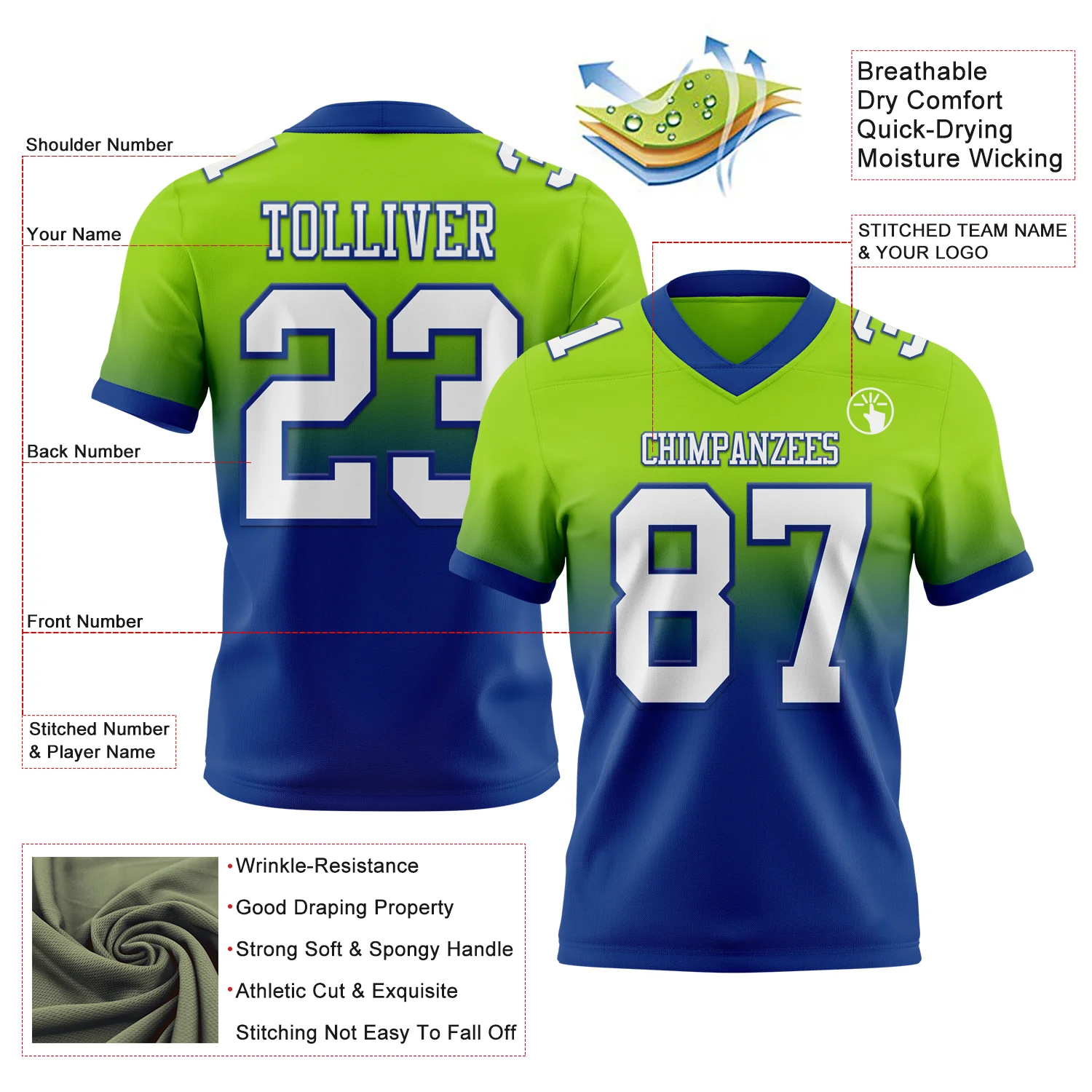 Custom Neon Green White-Royal Authentic Fade Fashion Football Jersey
