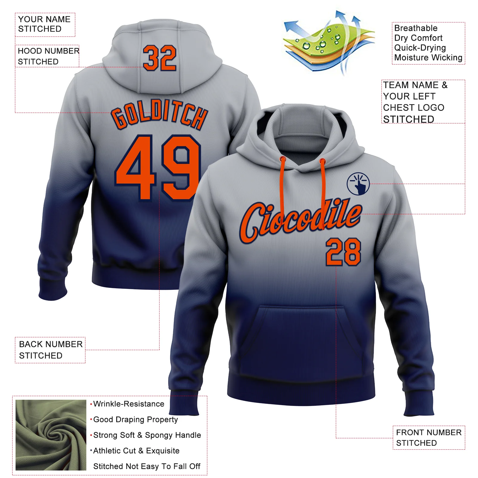 Custom Stitched Gray Orange-Navy Fade Fashion Sports Pullover Sweatshirt Hoodie