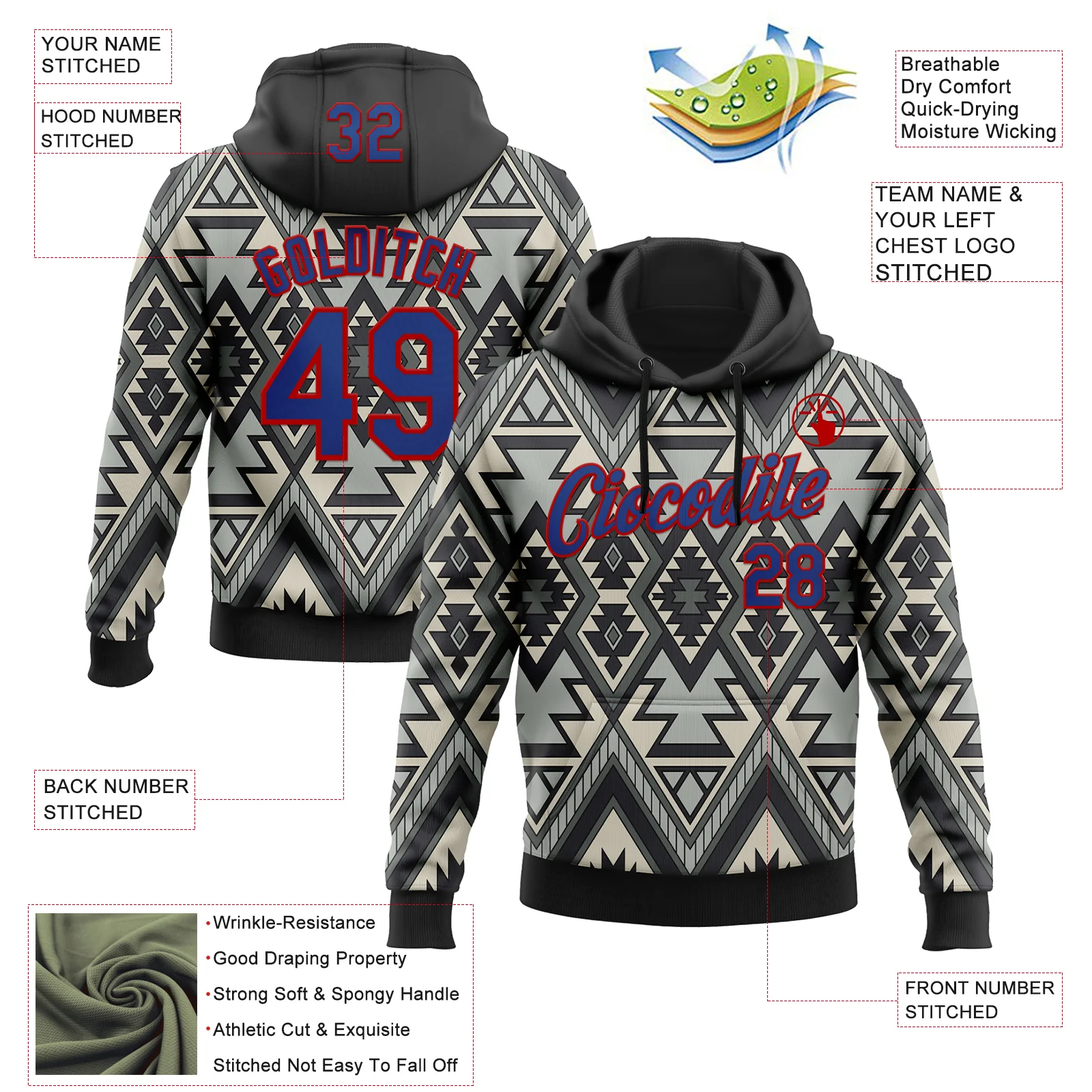 Custom Stitched Black Royal Gray-Red 3D Mexico Aztec Pattern Sports Pullover Sweatshirt Hoodie