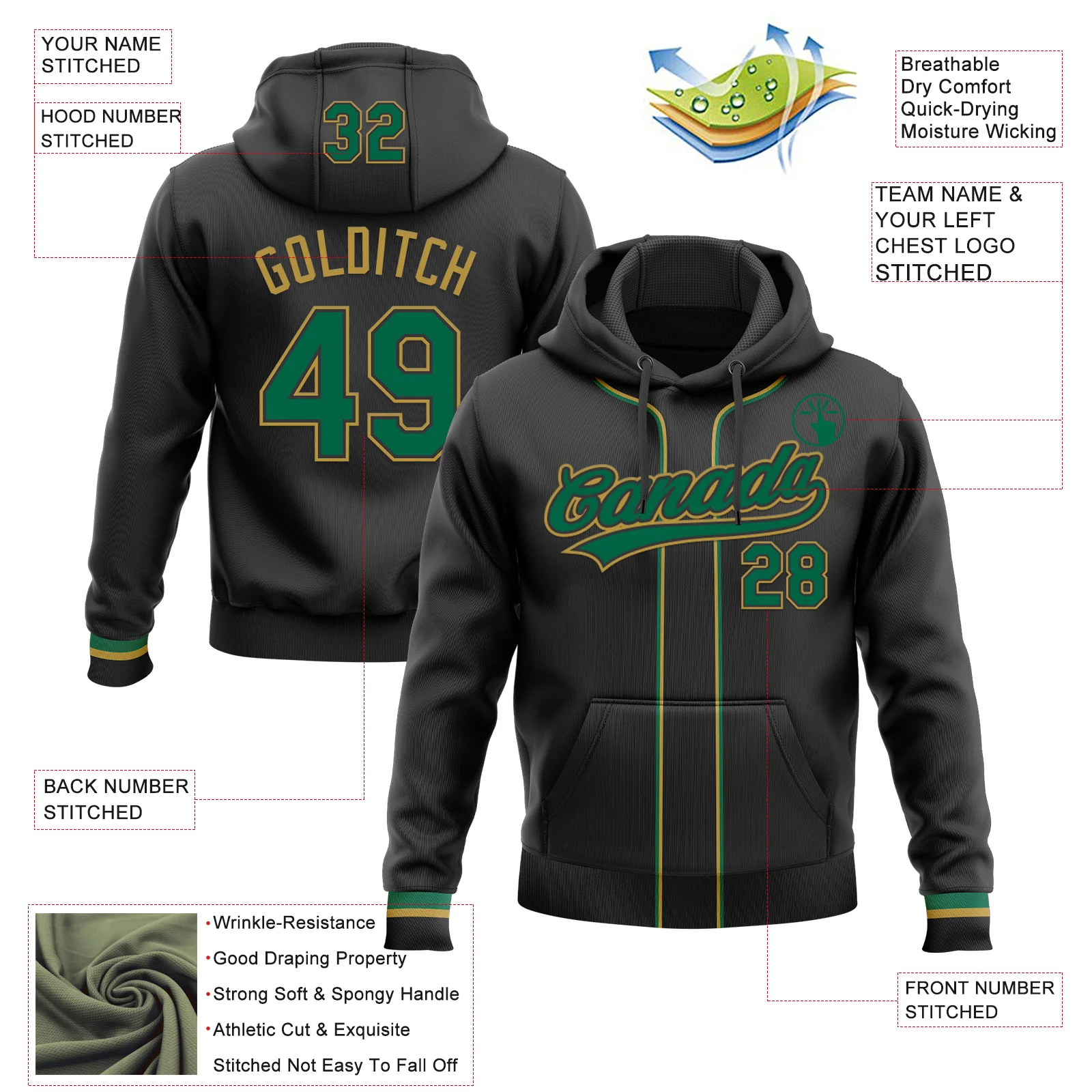 Custom Stitched Black Kelly Green-Old Gold Baseball Pullover Sweatshirt Hoodie