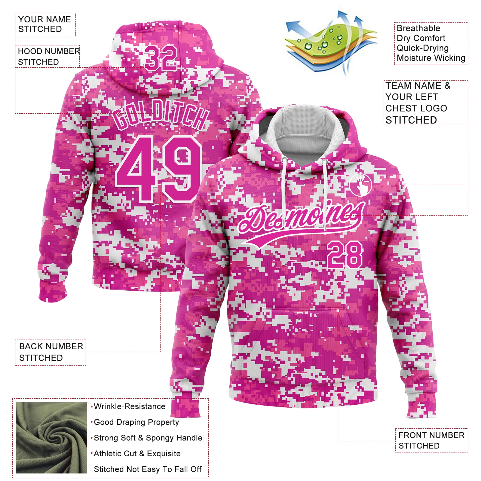 Custom Stitched Camo Deep Pink-White 3D Sports Pullover Sweatshirt Salute To Service Hoodie