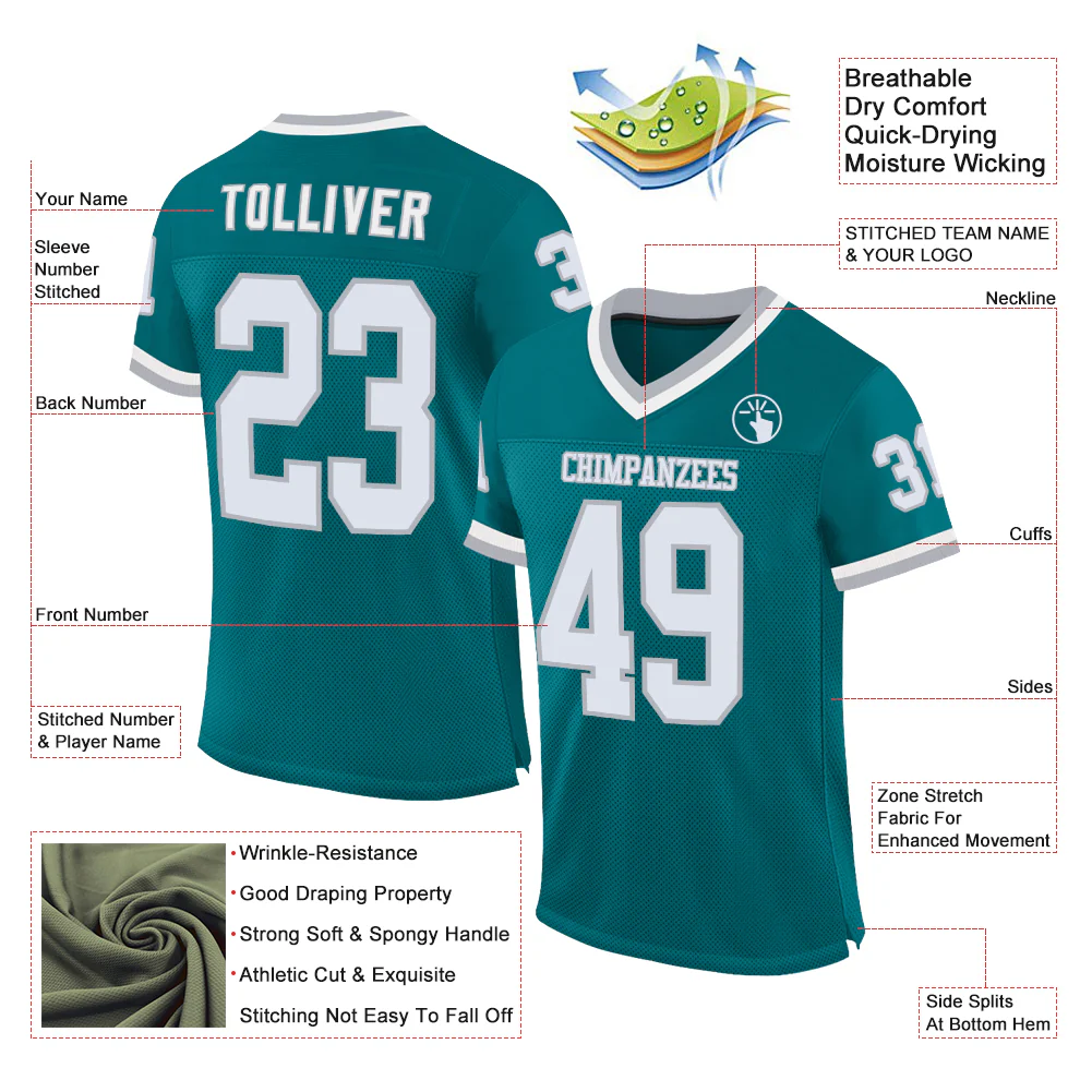 Custom Teal White-Gray Mesh Authentic Throwback Football Jersey